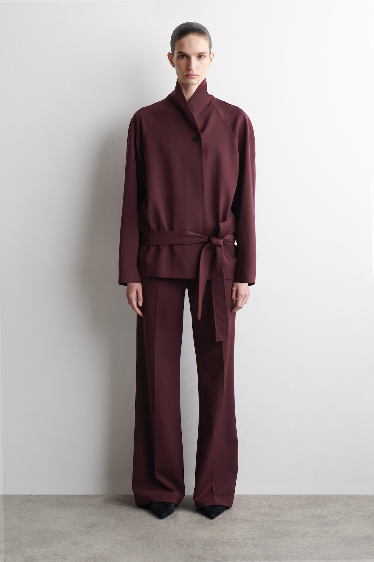 BELTED WOOL-BLEND SHAWL-COLLAR JACKET