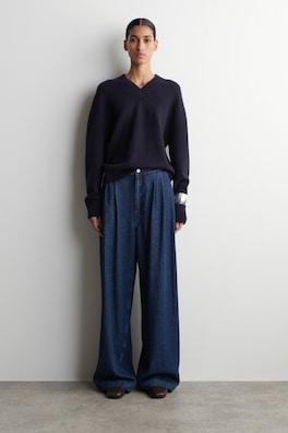 PLEATED WIDE-LEG DENIM PANTS — DARK BLUE 1