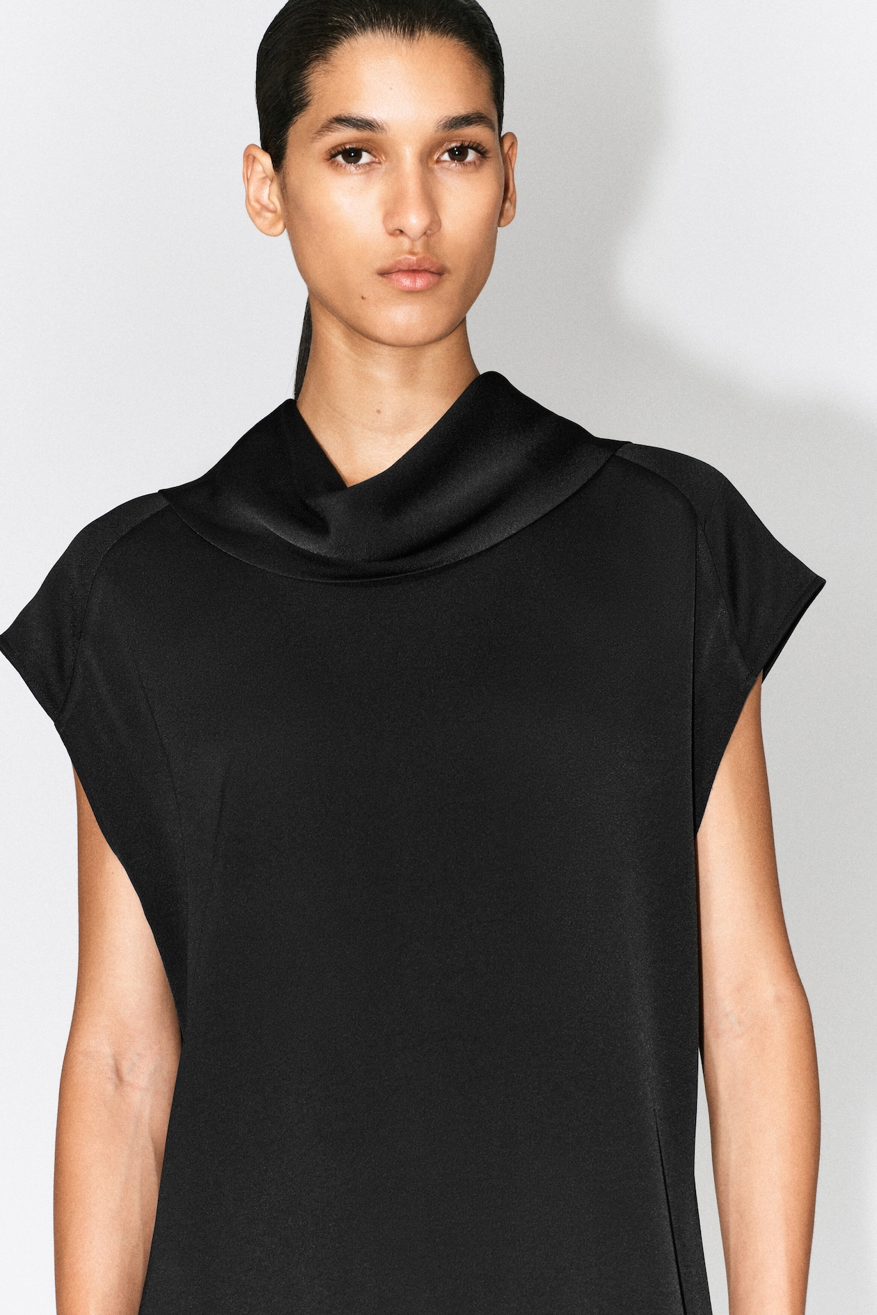 COWL-NECK CREPE MIDI DRESS — BLACK