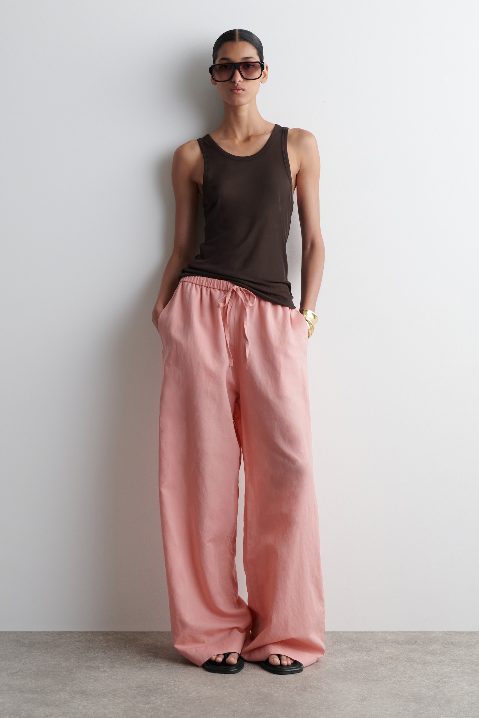 WIDE-LEG LINEN DRAWSTRING TROUSERS - PINK/DARK BROWN