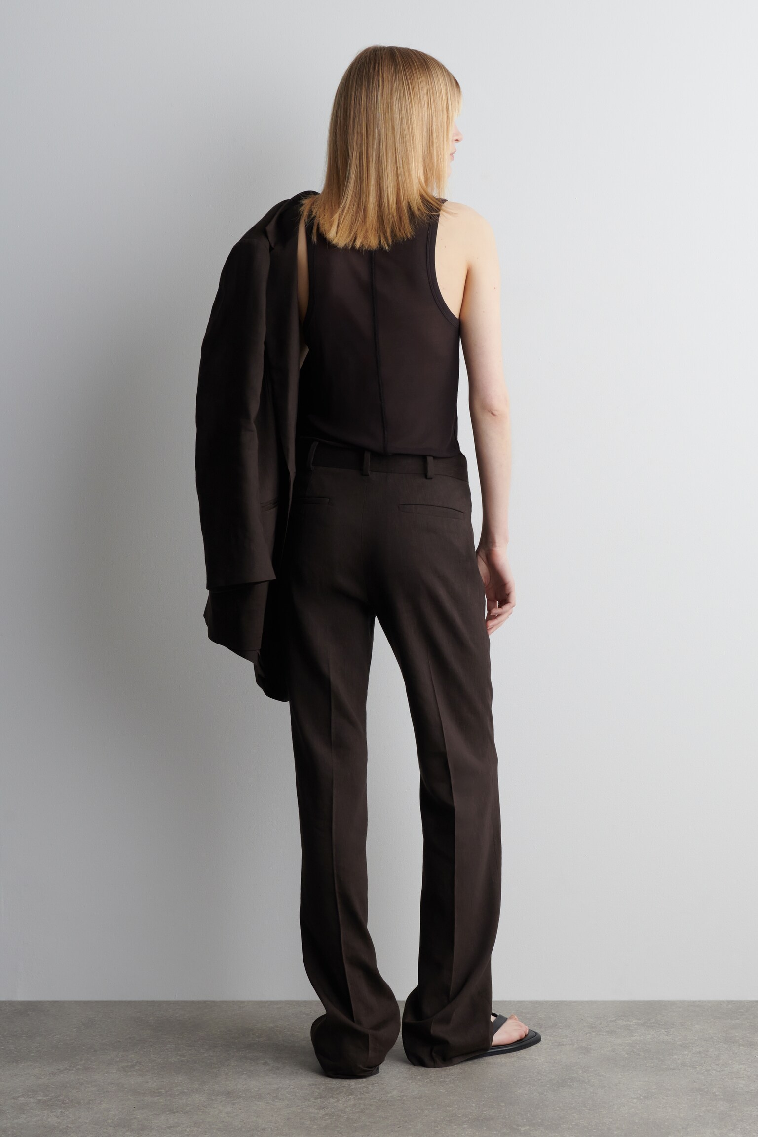 PANTALON DE TAILLEUR DROIT EN LIN - BRUN FONCÉ - 6