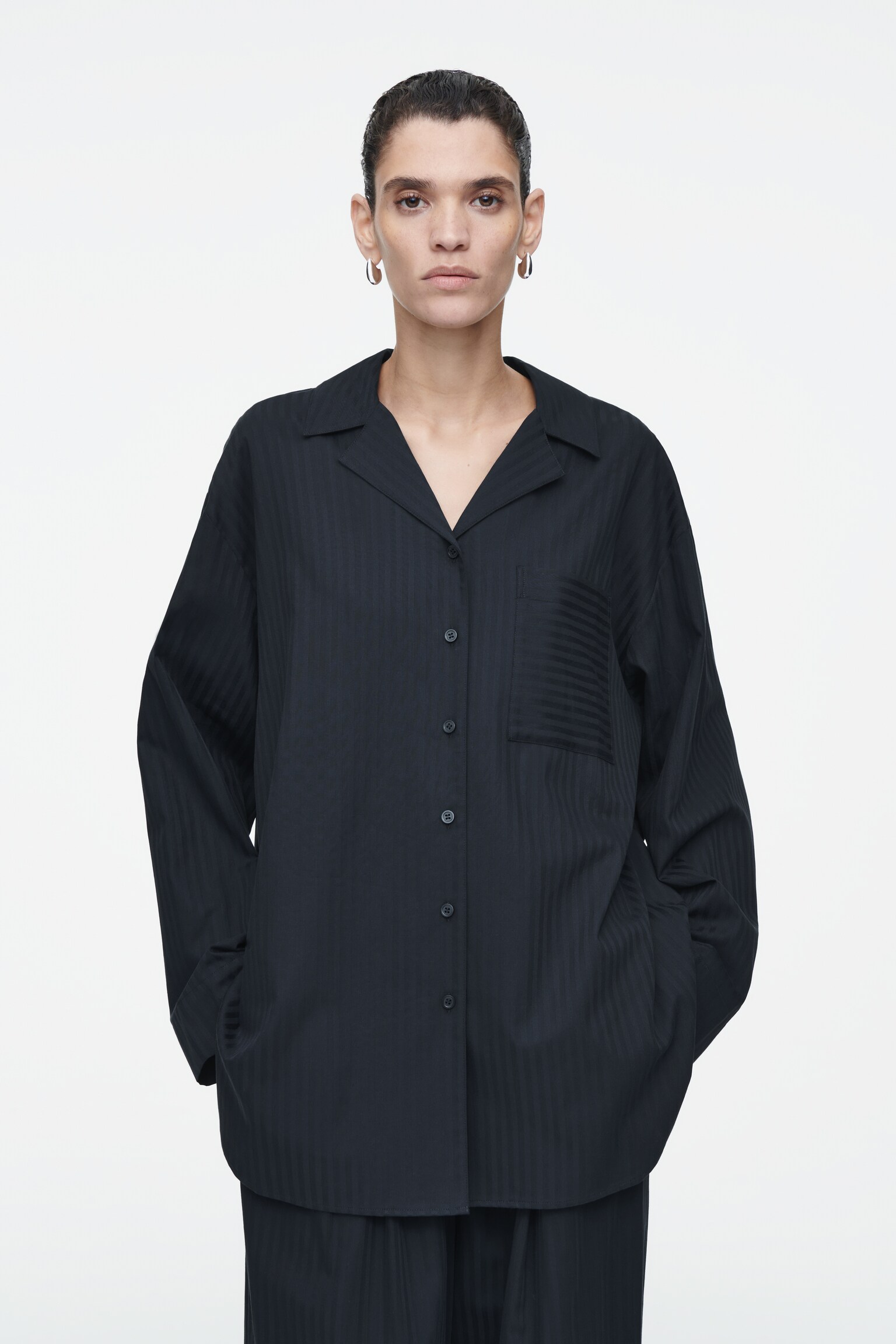 STRIPED COTTON PYJAMA SHIRT - NAVY / STRIPED
