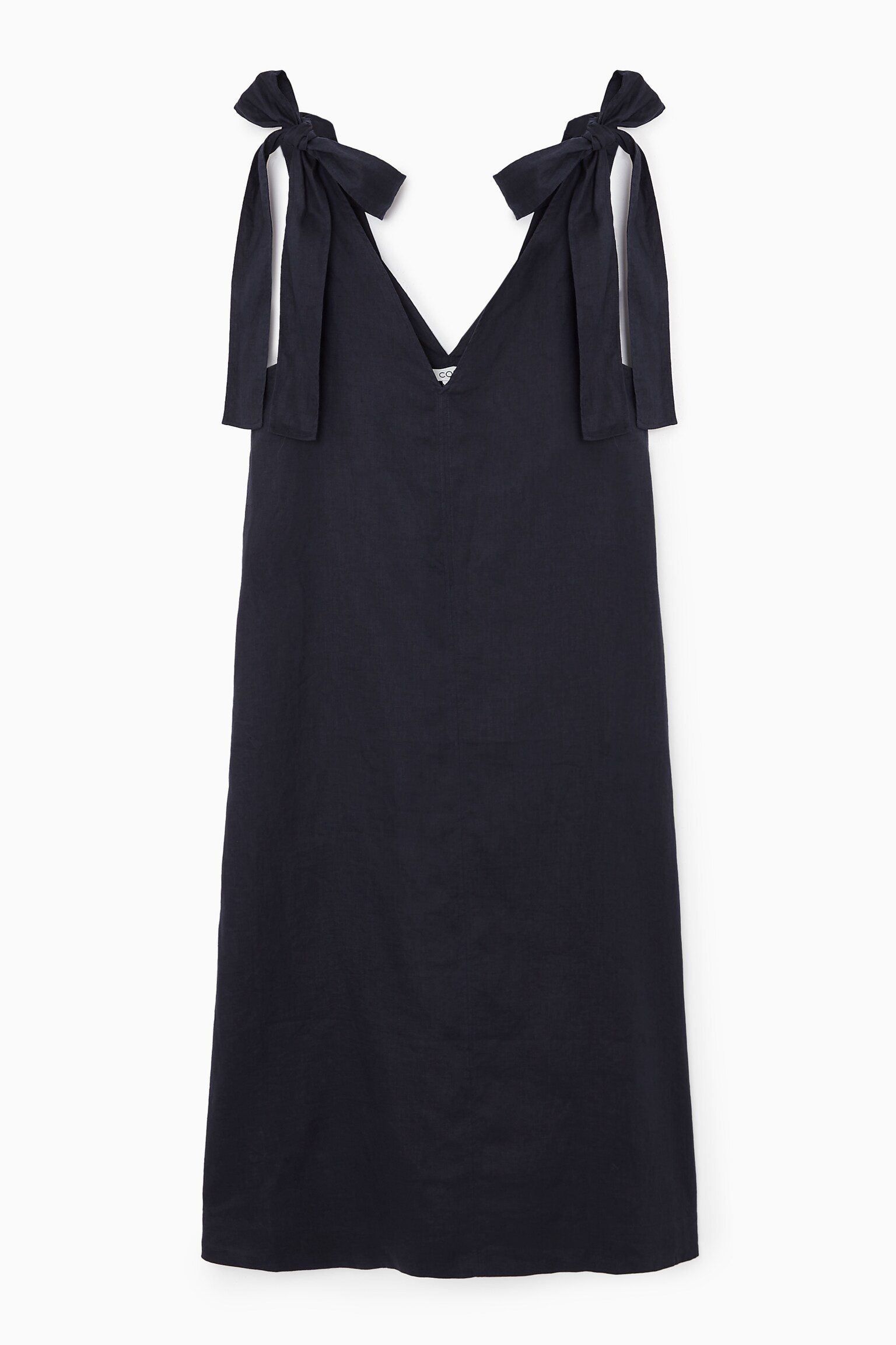 BOW-DETAIL LINEN MIDI DRESS - NAVY BLUE