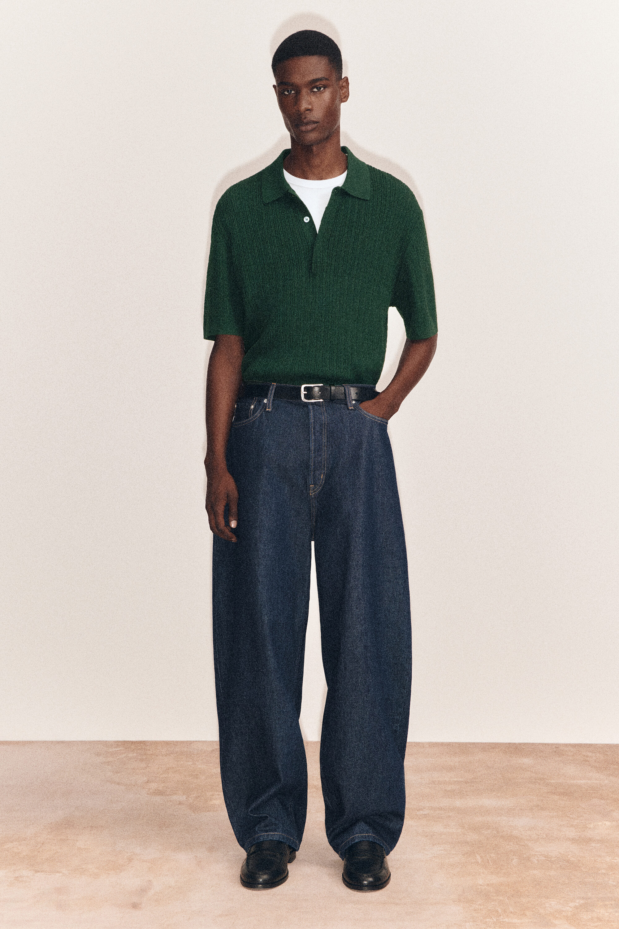 CABLE-KNIT COTTON-LINEN POLO SHIRT - DARK GREEN | COS US