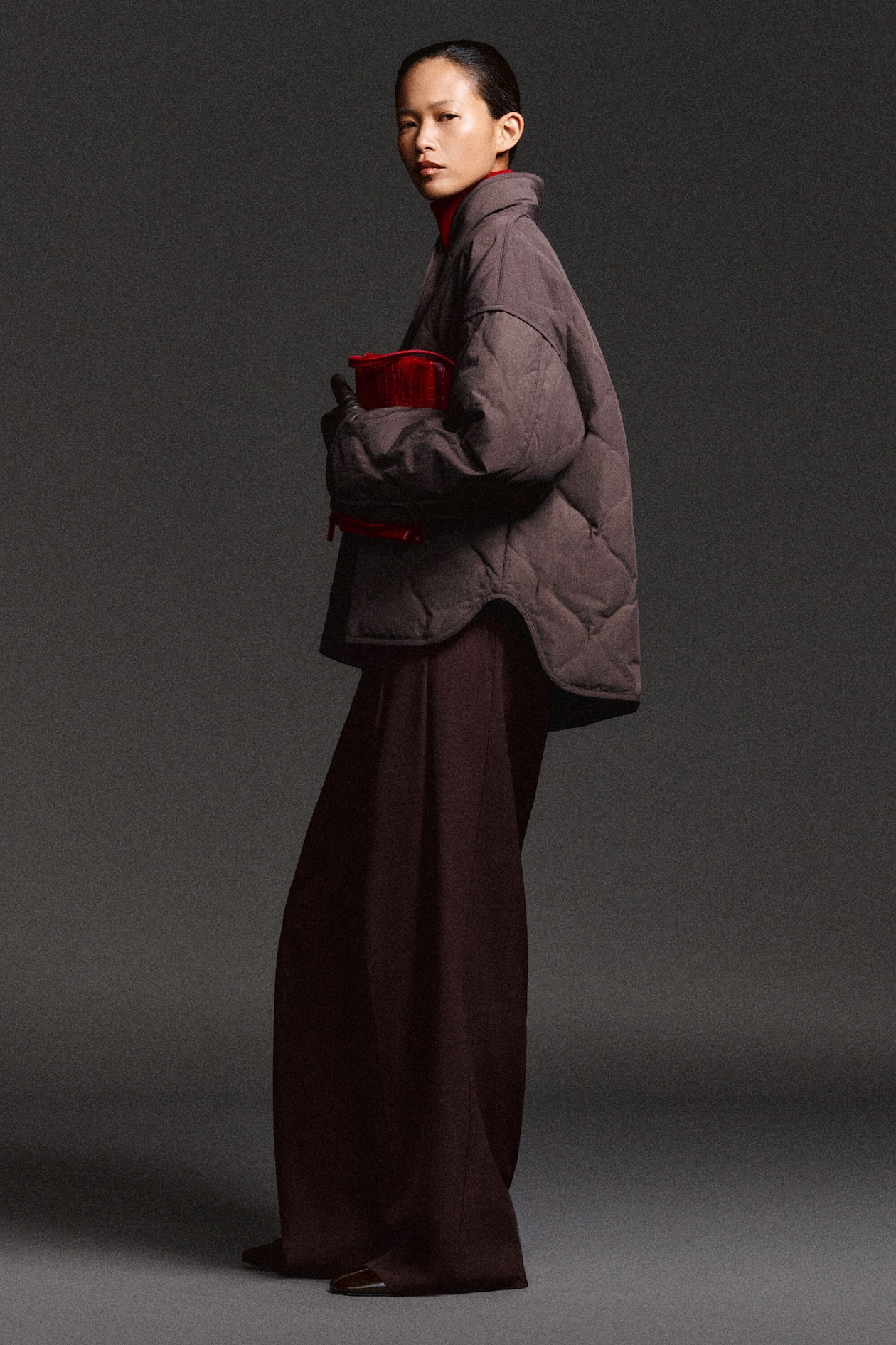 SHAWL-COLLAR QUILTED JACKET — BROWN