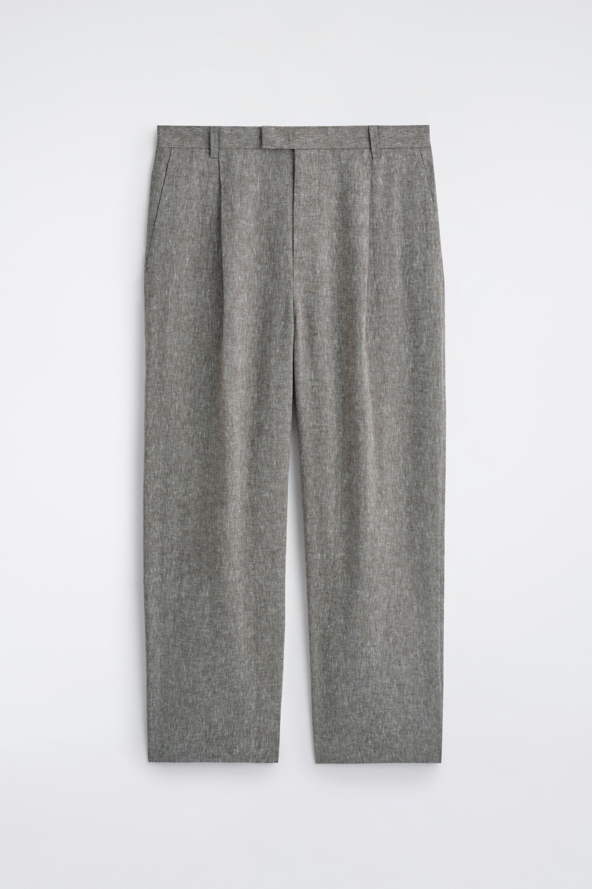 ЛЕНЕНИ ПАНТАЛОНИ С РЕЛАКСИРАНА КРОЙКА И ШИРОК КРАЧОЛ - СИВ МЕЛАНЖ