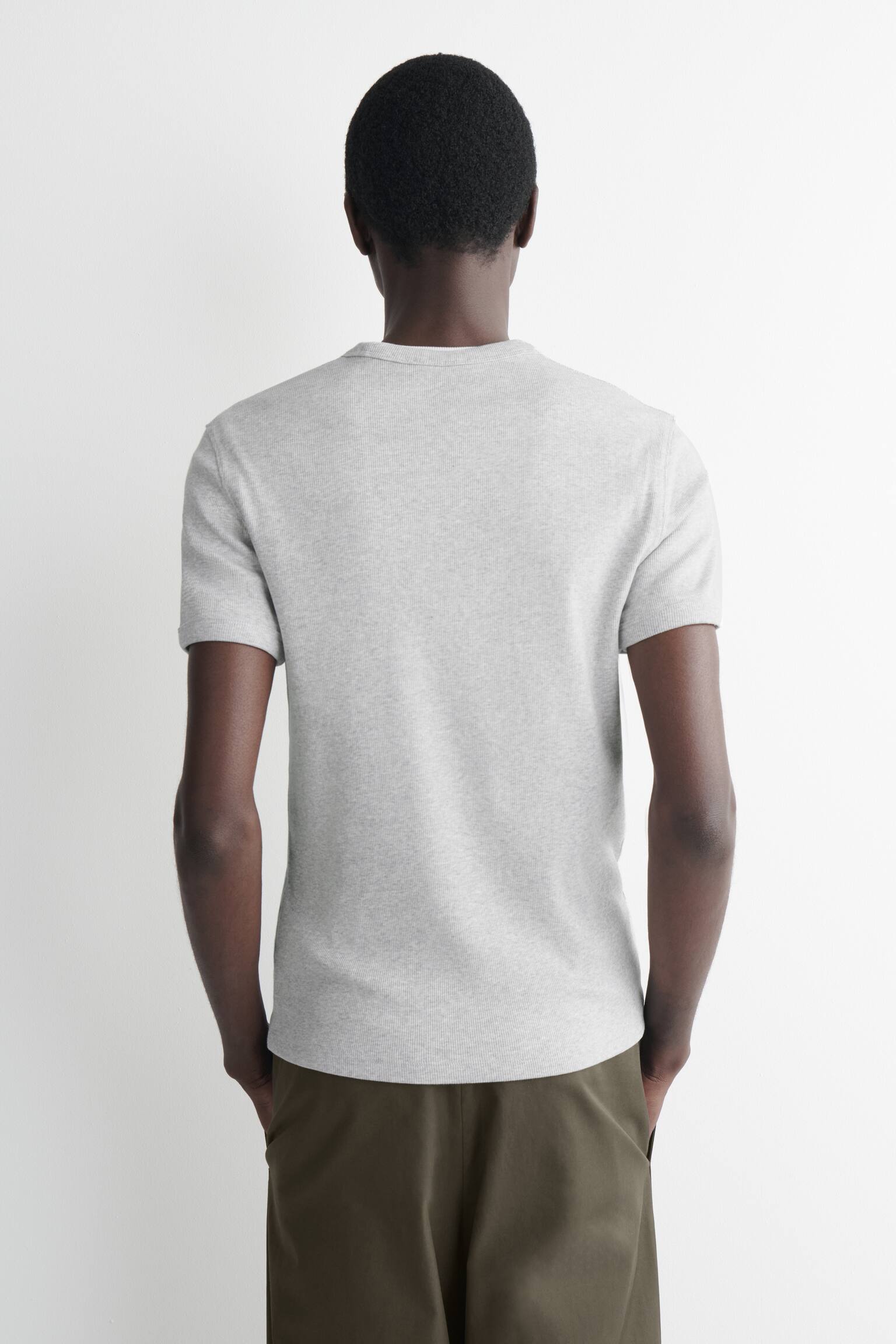 Smal ribbet bomulls-T-skjorte-Lys grå - 5