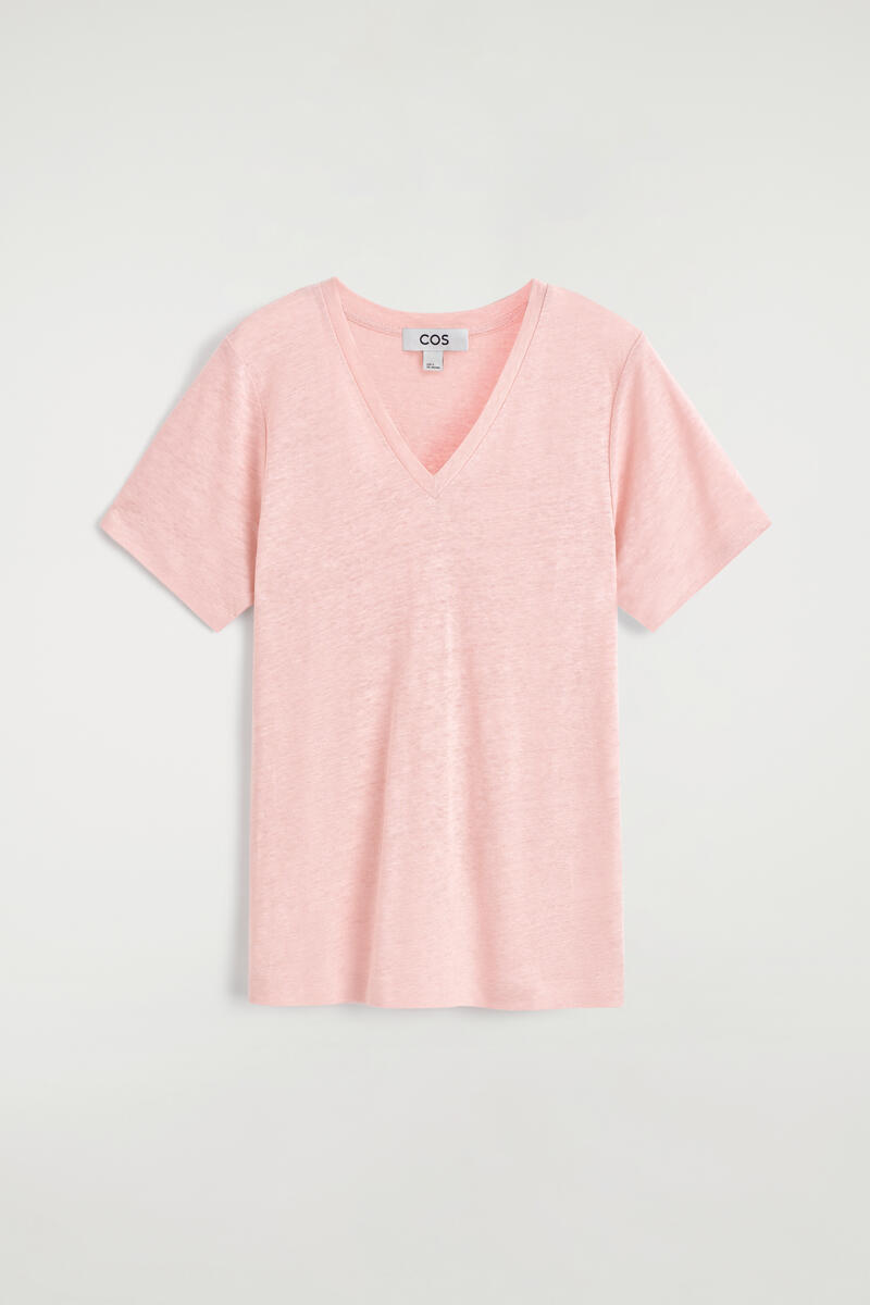 V-Neck Linen T-Shirt in Pink