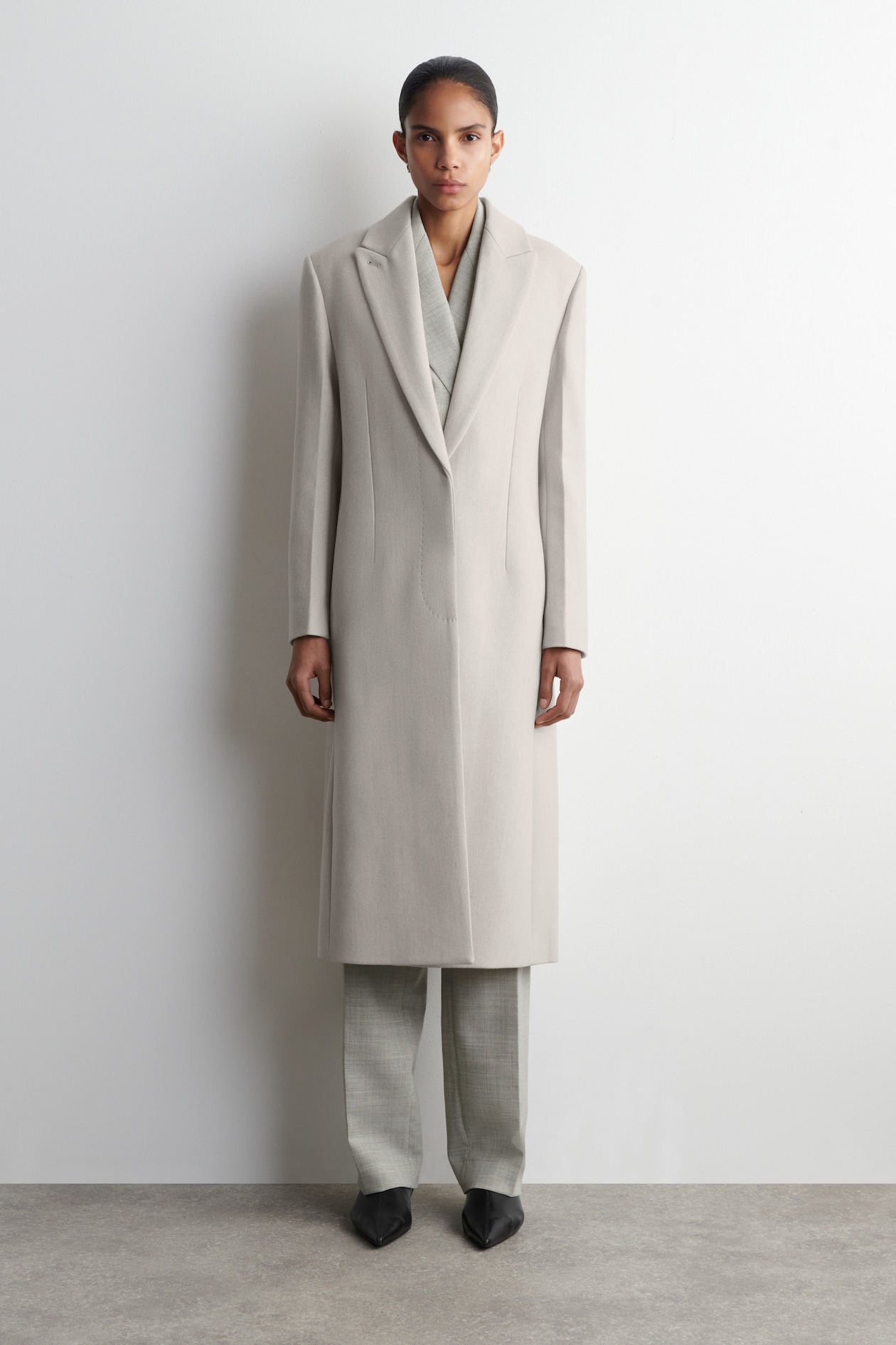 TAILORED WOOL-TWILL LONG COAT — LIGHT BEIGE
