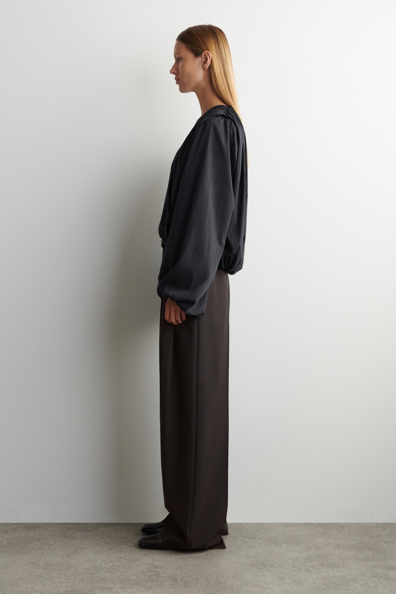 GATHERED WRAP-OVER BLOUSE — CHARCOAL