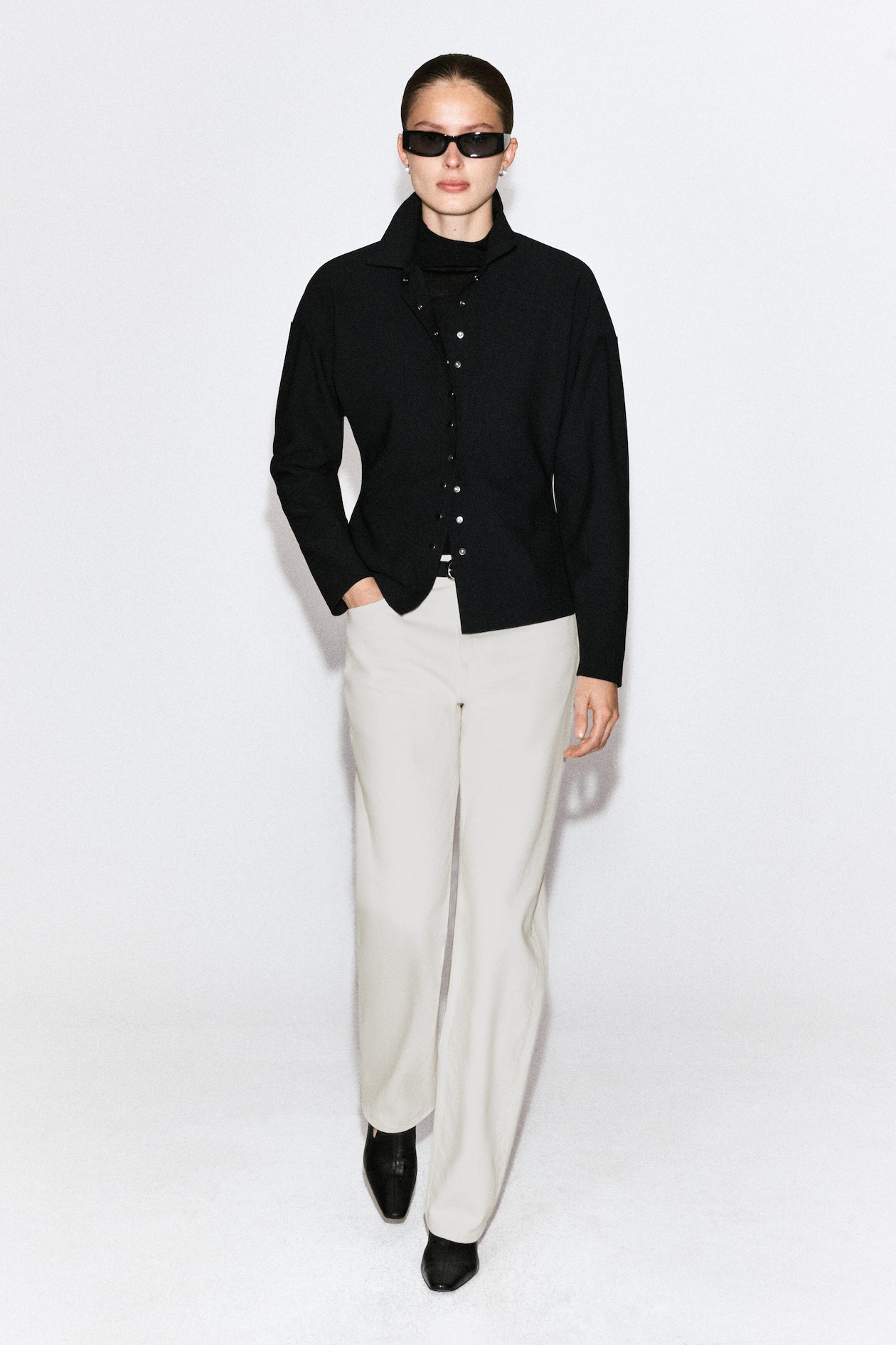 WAISTED CREPE-JERSEY SHIRT — BLACK