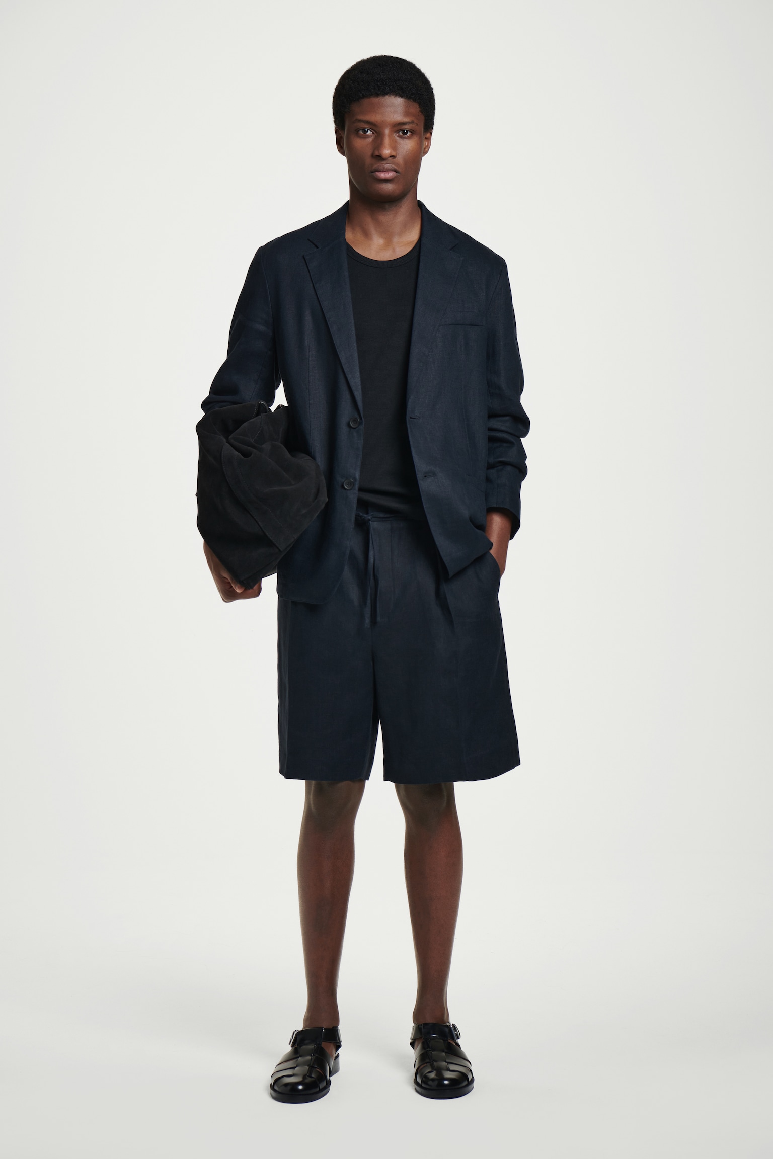 TAILORED DRAWSTRING LINEN SHORTS - NAVY/BEIGE / UNDYED/DARK GREEN