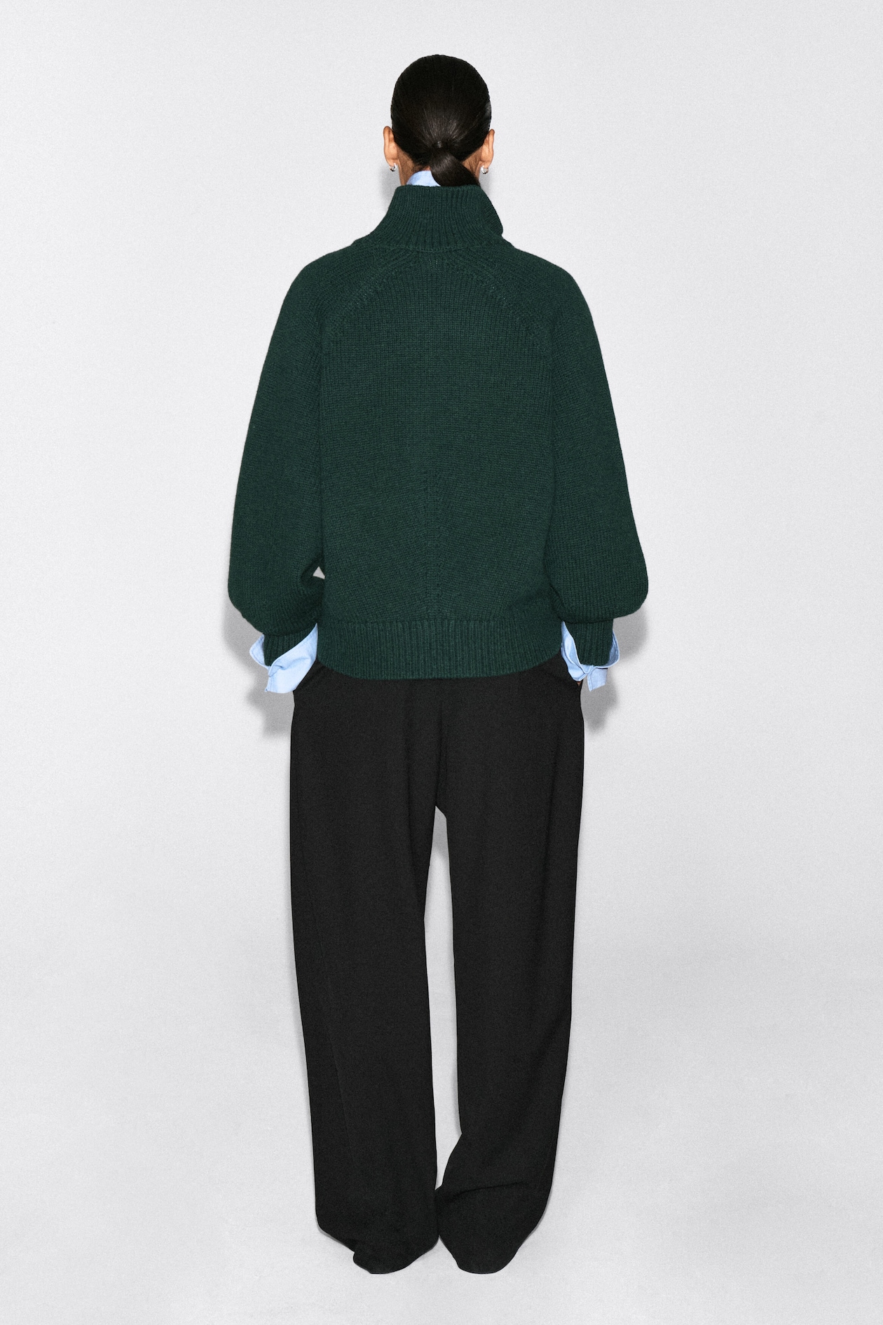 ROUNDED WOOL MOCK-NECK ZIP-UP JACKET — DARK GREEN