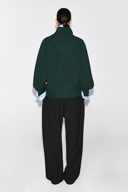 ROUNDED WOOL MOCK-NECK ZIP-UP JACKET — DARK GREEN 6