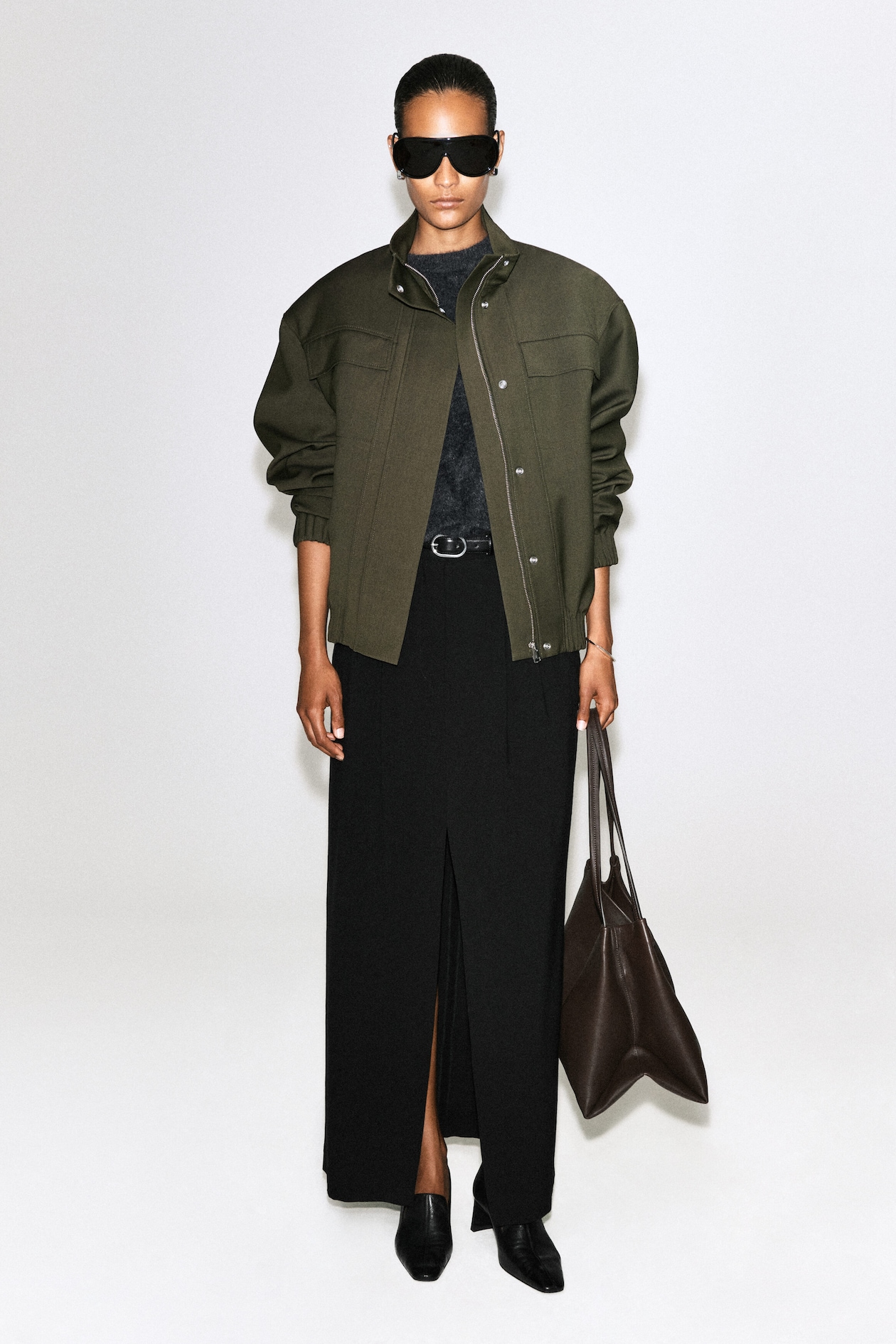 MOCK-NECK WOOL-BLEND BOMBER JACKET — KHAKI MÉLANGE