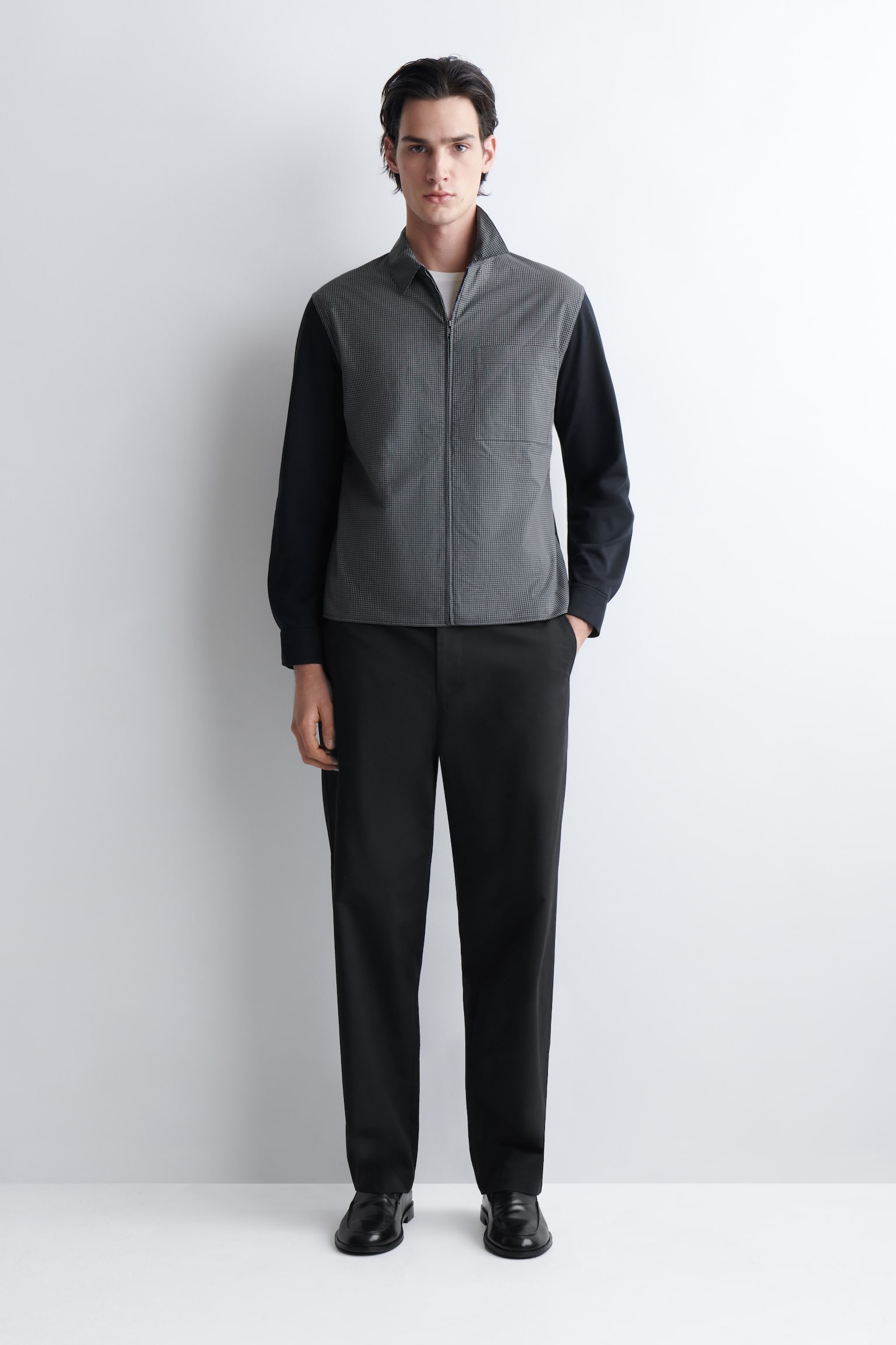 CHAQUETA HARRINGTON CON PANELES EN CONTRASTE - AZUL MARINO/A CUADROS - 1