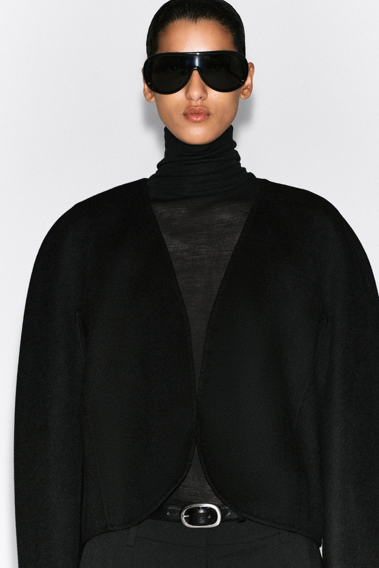 CROPPED DOUBLE-FACED WOOL-BLEND BLAZER — BLACK