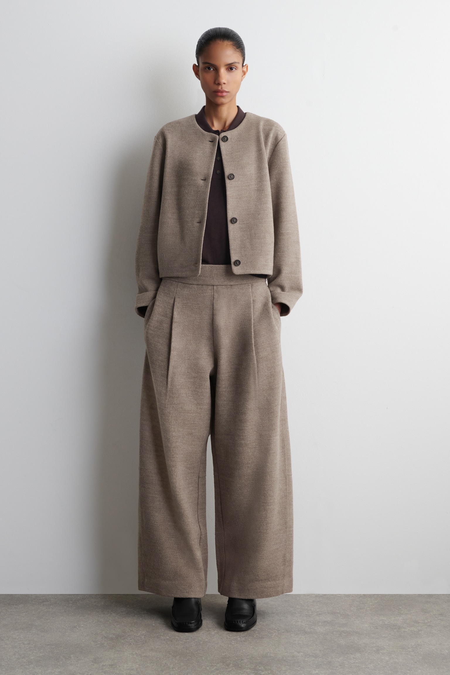 BOILED-WOOL BARREL-LEG TROUSERS - BEIGE MÉLANGE - 1