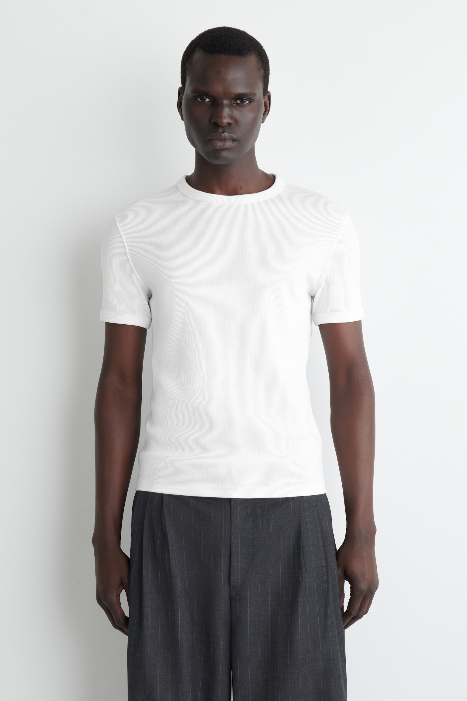 SLIM RIBBED COTTON T-SHIRT - WHITE/NAVY/LIGHT GREY/KHAKI/BLACK/CHARCOAL/DARK MOLE - 1