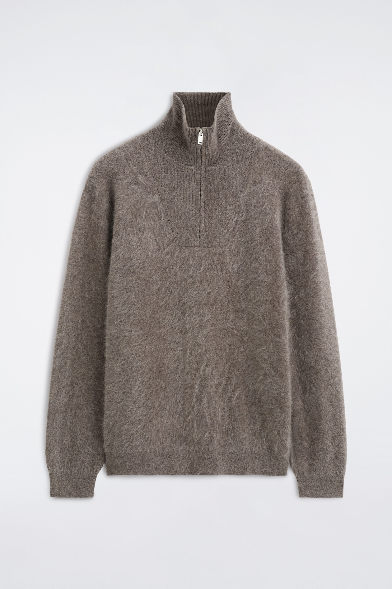 BRUSHED PURE CASHMERE ZIP-UP SWEATER — BROWN