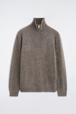 BRUSHED PURE CASHMERE ZIP-UP SWEATER — BROWN 9