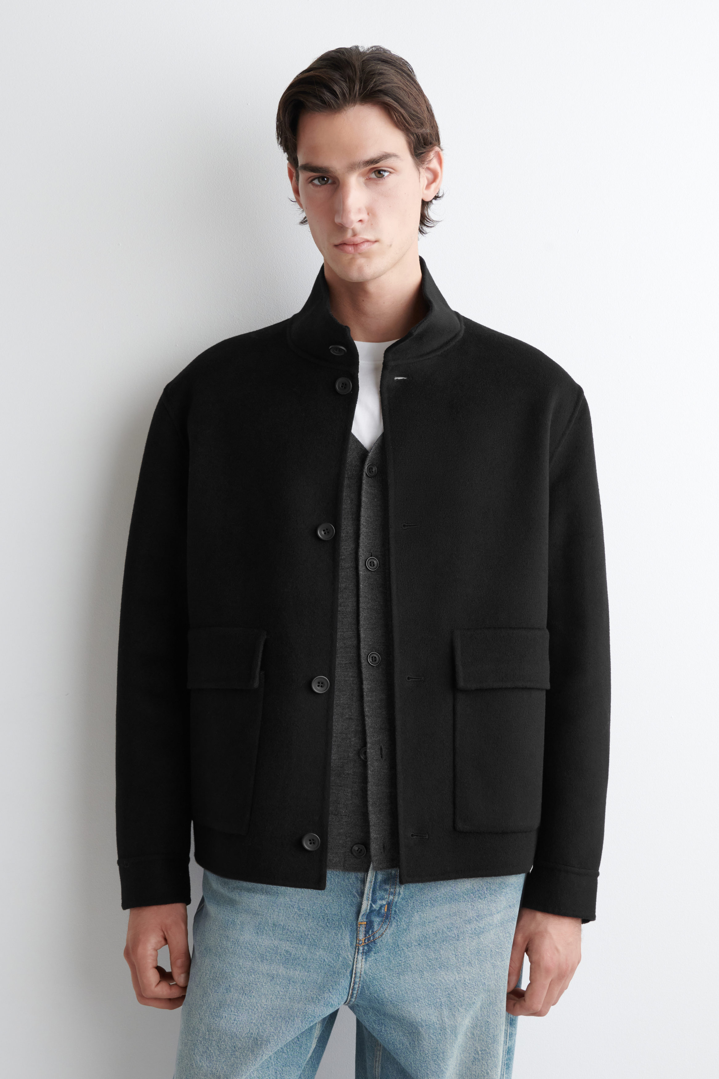 DOUBLE-FACED WOOL FUNNEL NECK JACKET - BLACK | COS