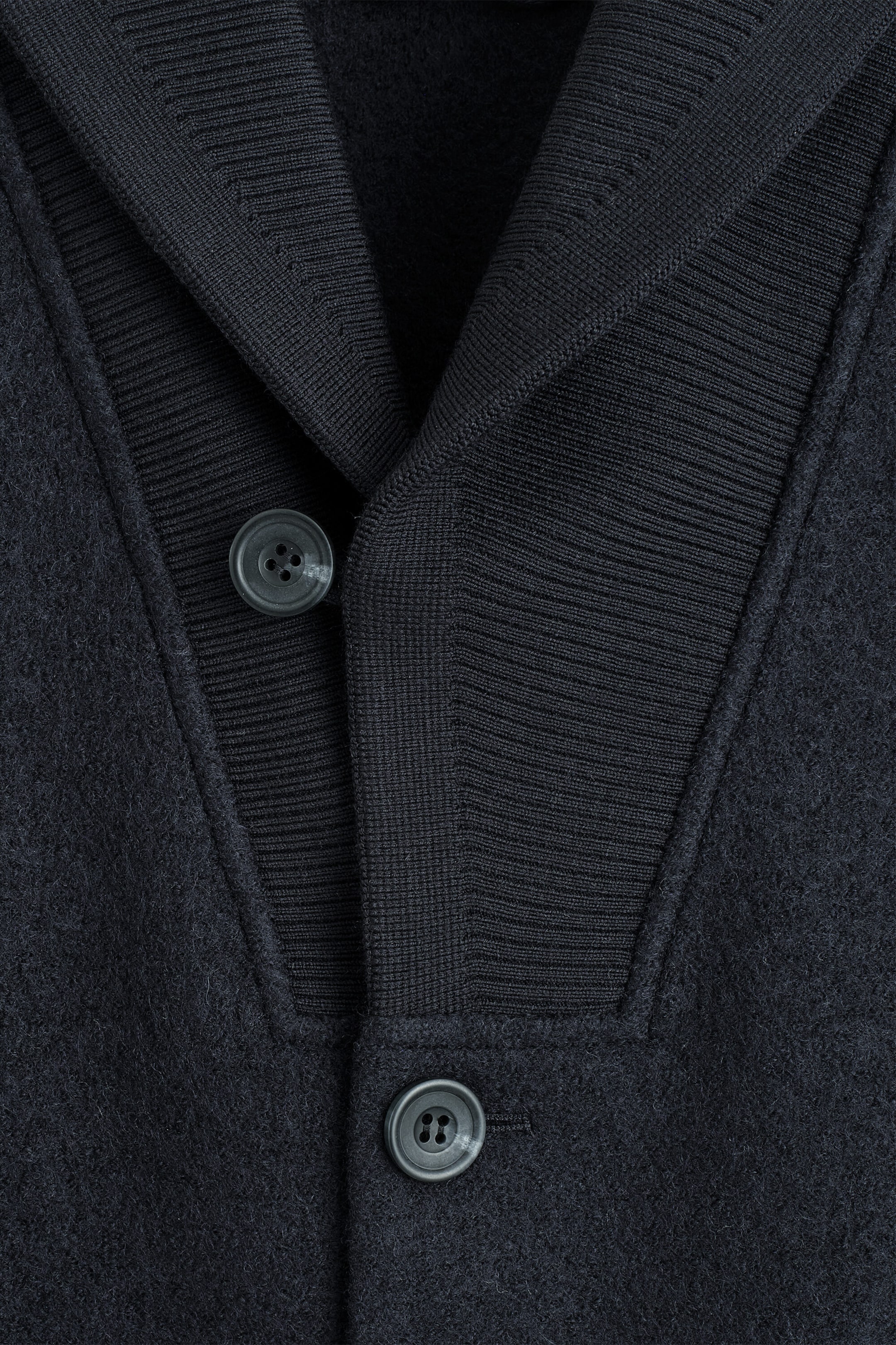The boiled-wool shawl-collar jacket features a textured dark navy body with a contrasting ribbed-knit collar insert. This close-up front view shows two dark gray buttons fastening the overlapping ribbed placket. The boiled-wool shawl-collar jacket features a textured dark navy body with a contrasting ribbed-knit collar insert. This close-up front view shows two dark gray buttons fastening the overlapping ribbed placket.