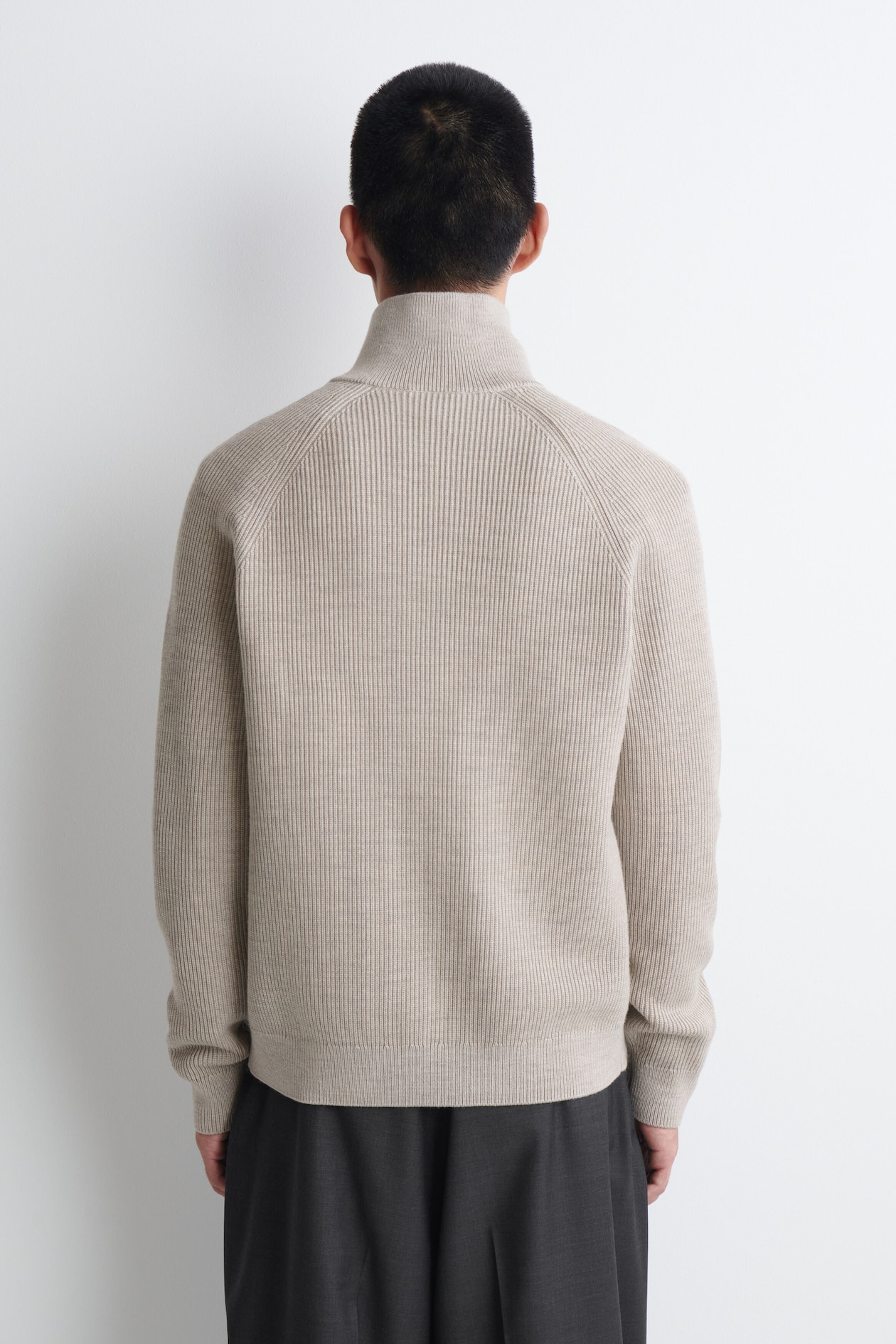 RIBBED WOOL HALF-ZIP SWEATER — BEIGE