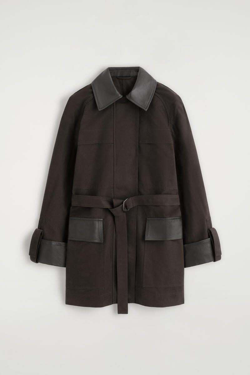 Leather-Trimmed Cotton Field Coat