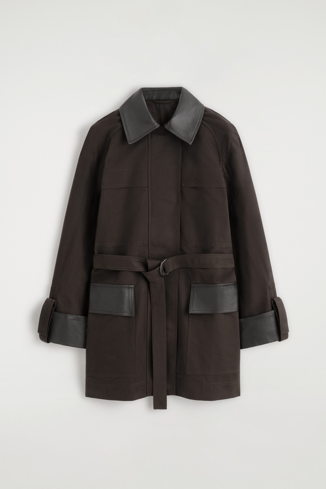 LEATHER-TRIMMED COTTON FIELD COAT — BROWN