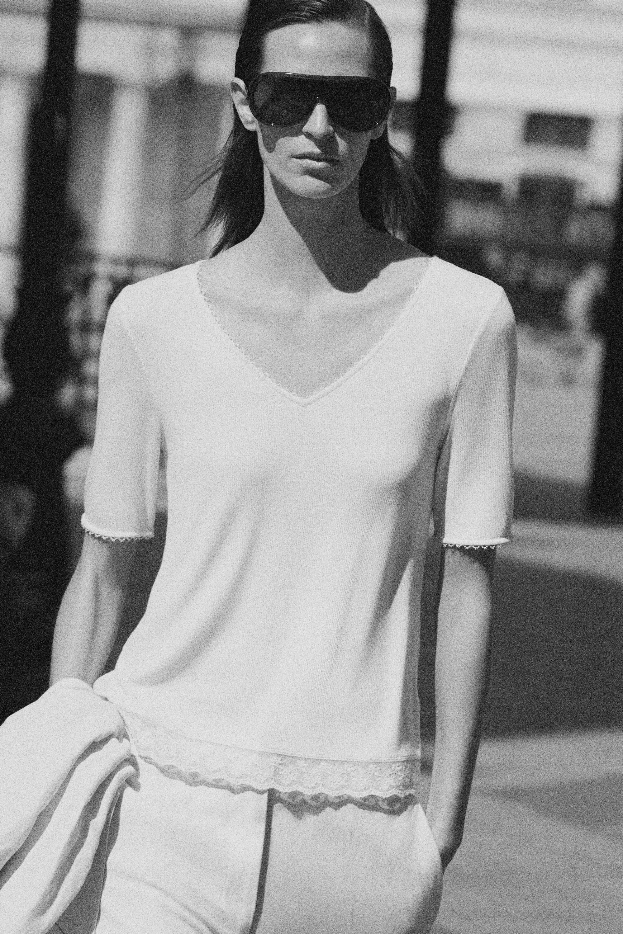 LACE-TRIMMED RIBBED V-NECK T-SHIRT - WHITE | COS US