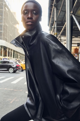 LEATHER FUNNEL-NECK JACKET — BLACK 10