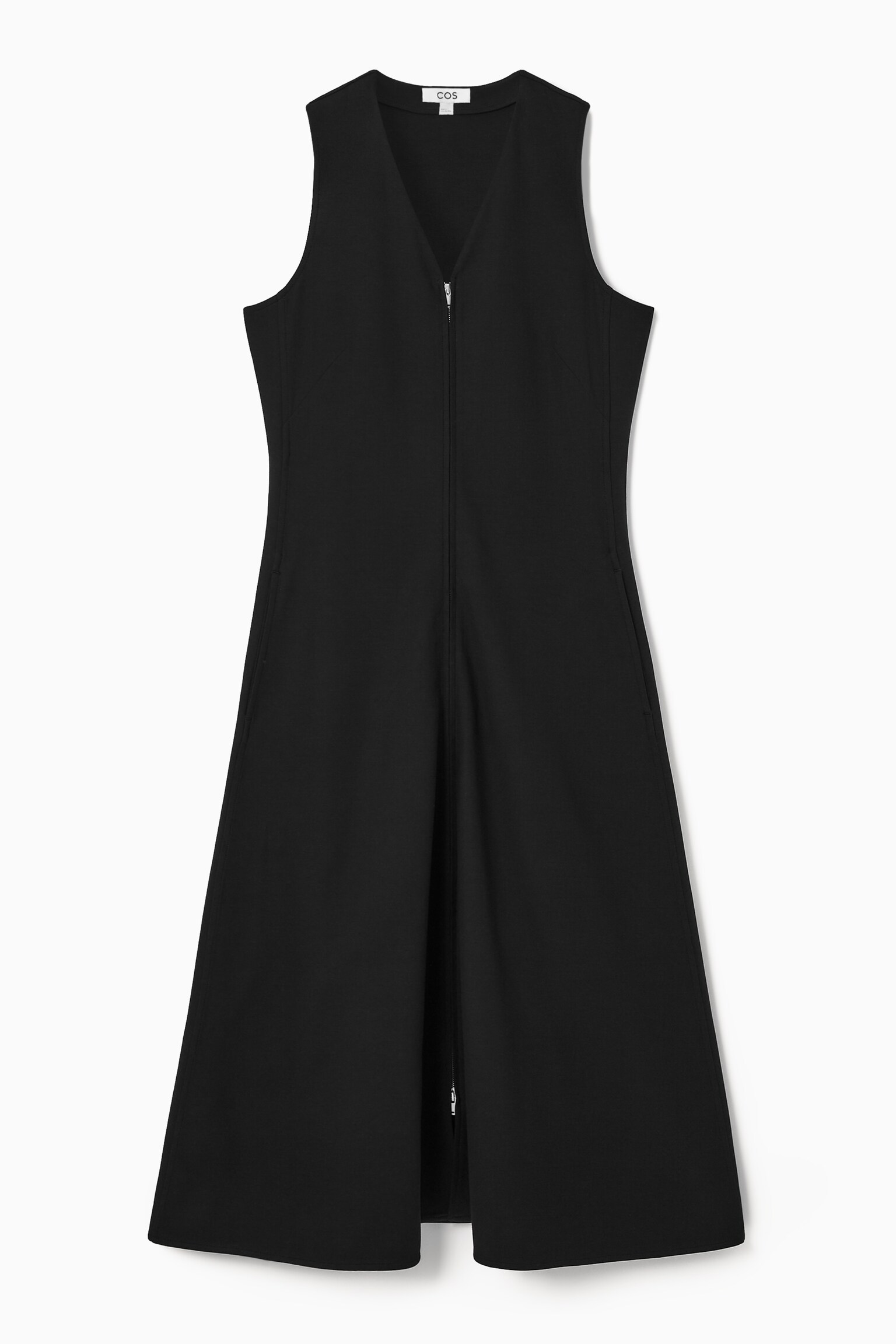 ZIP-FRONT V-NECK MIDI DRESS - BLACK