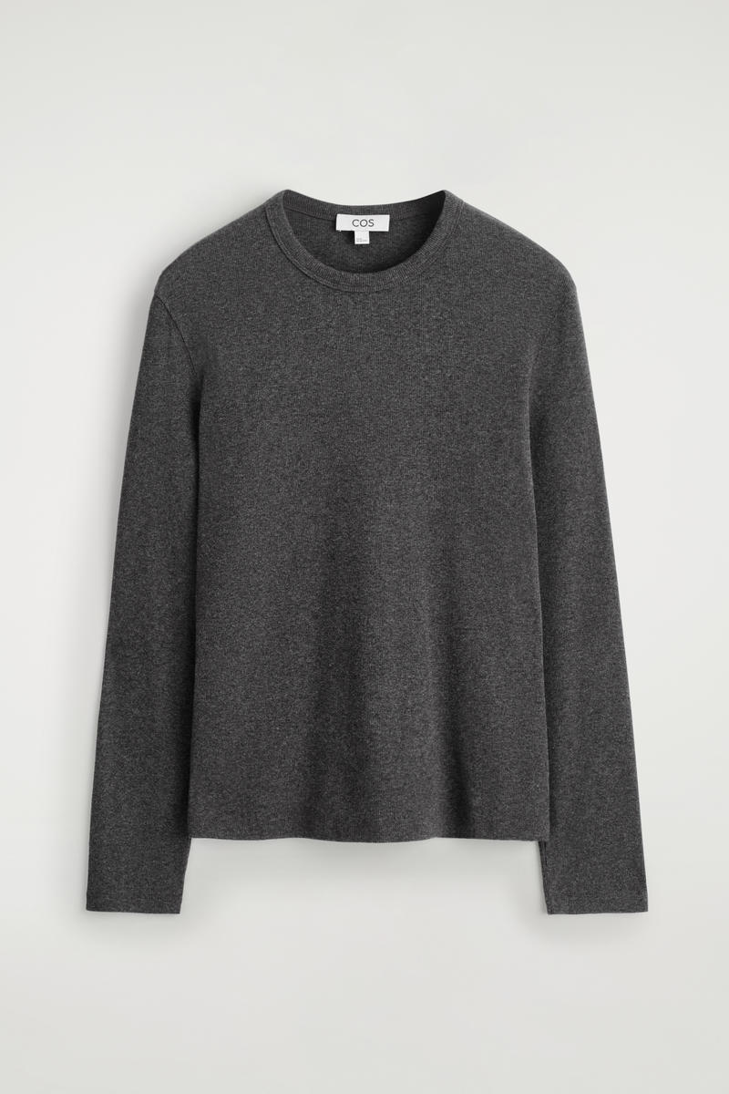 Slim Ribbed Cotton Long-Sleeved T-Shirt in Dark Grey