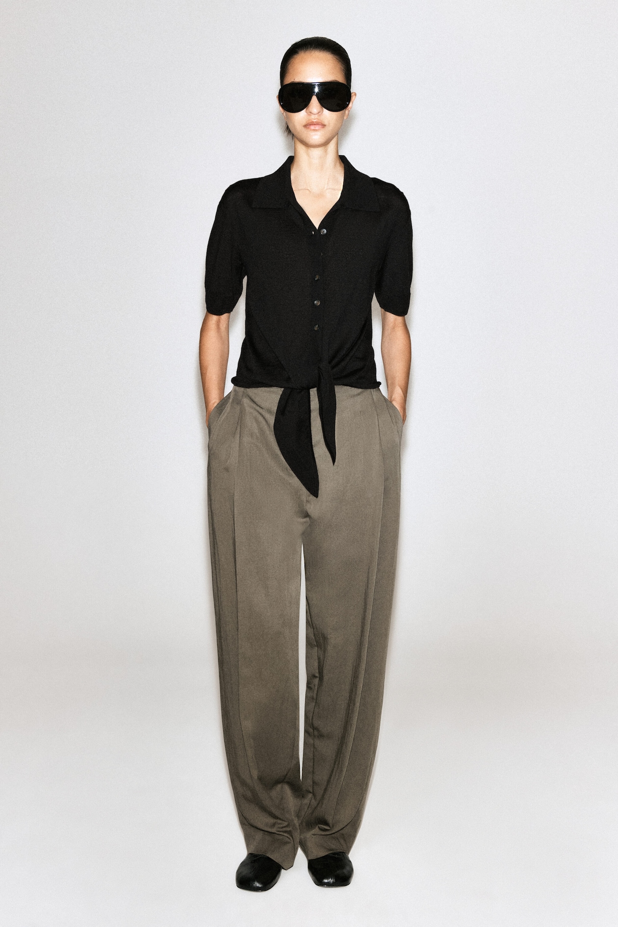 TIE-FRONT KNITTED WOOL SHIRT — BLACK