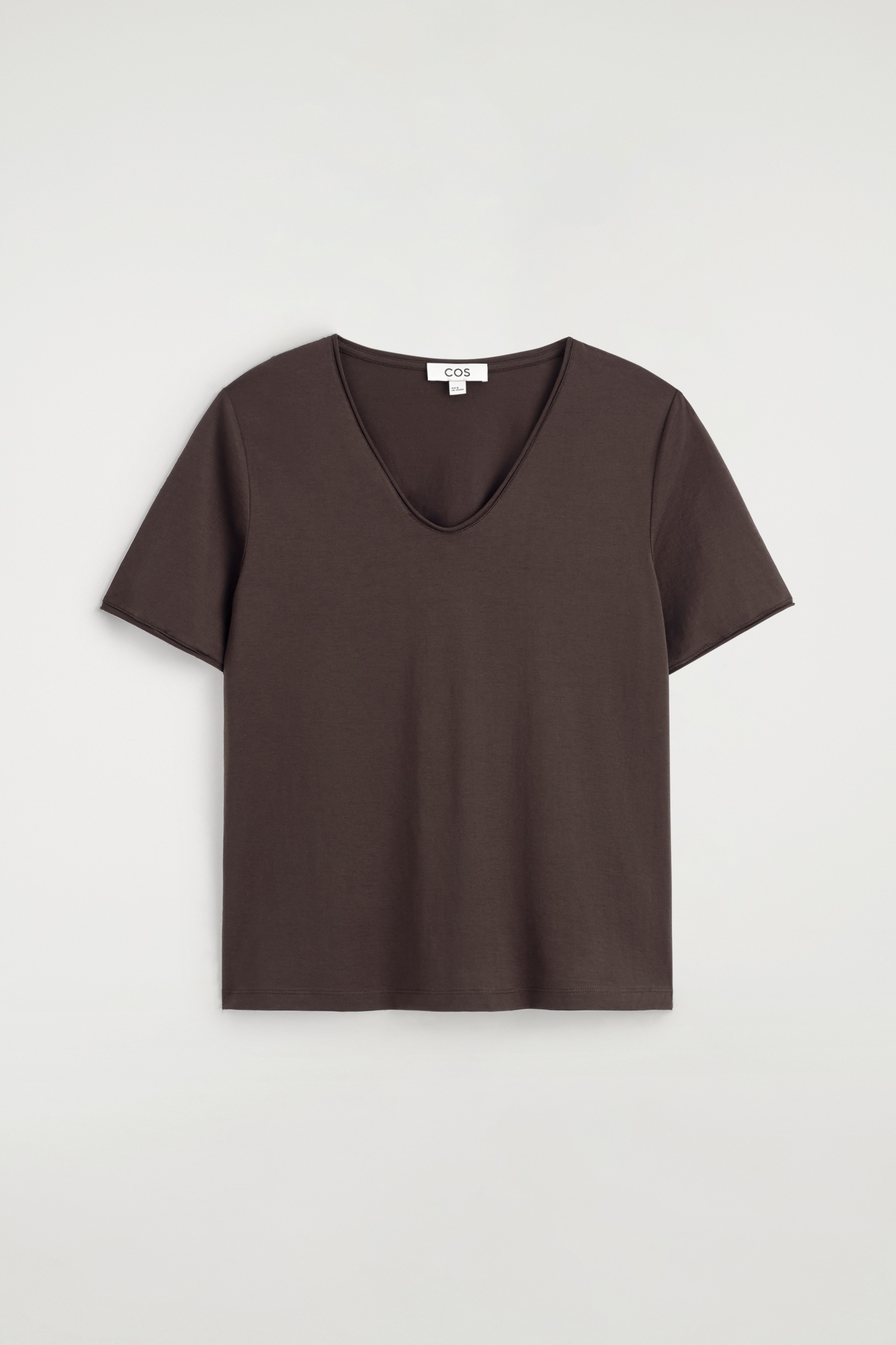 T-SHIRT IN COTONE LEGGERO CON SCOLLO A U - MARRONE/BIANCO