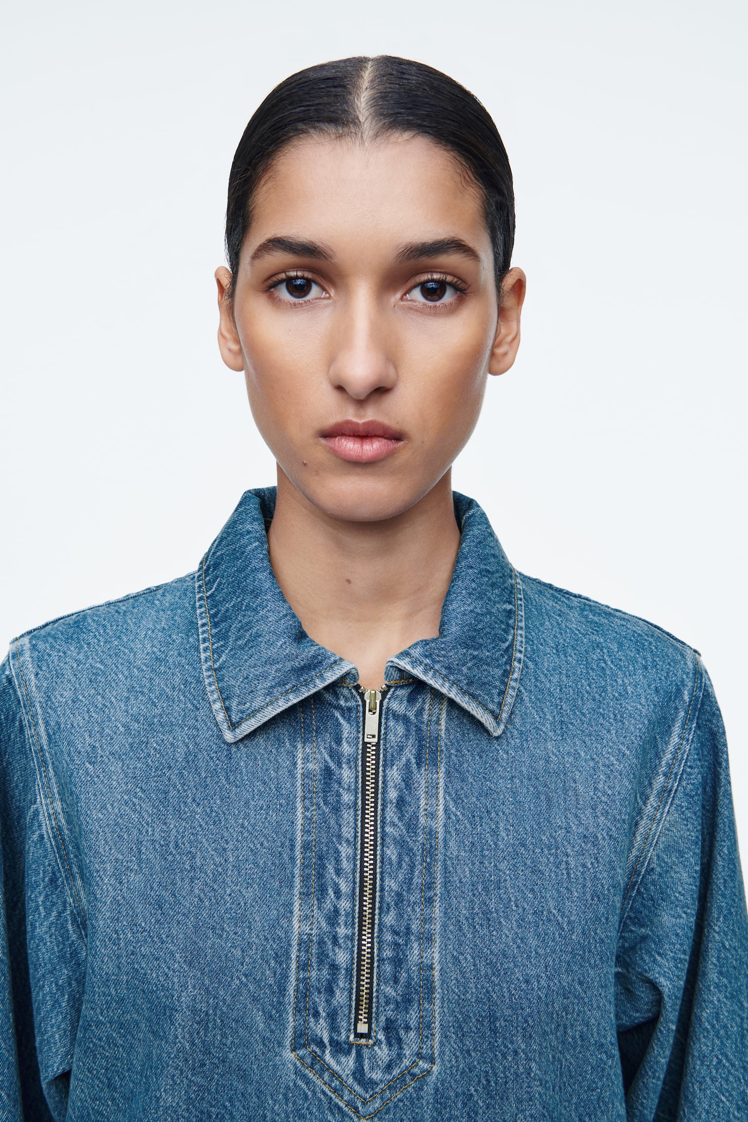 DENIM HALF-ZIP DRESS - BLUE - 5