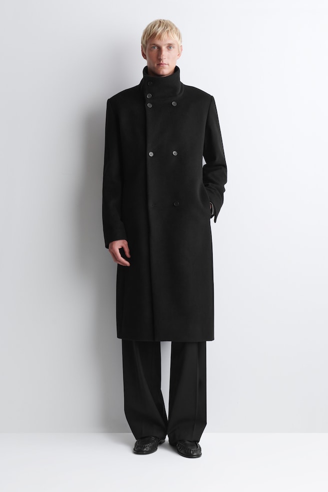 TAILORED WOOL FUNNEL-NECK COAT — BLACK