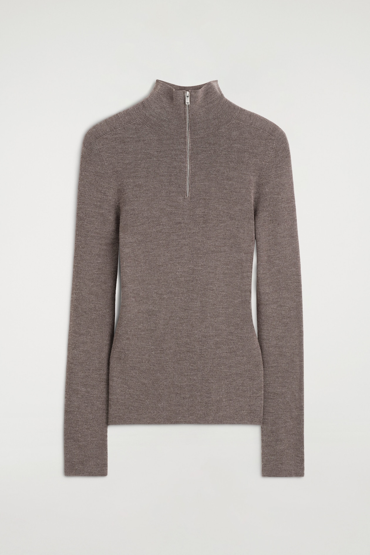 SEAMLESS MERINO WOOL ZIP-UP TOP — LIGHT-BROWN MÉLANGE
