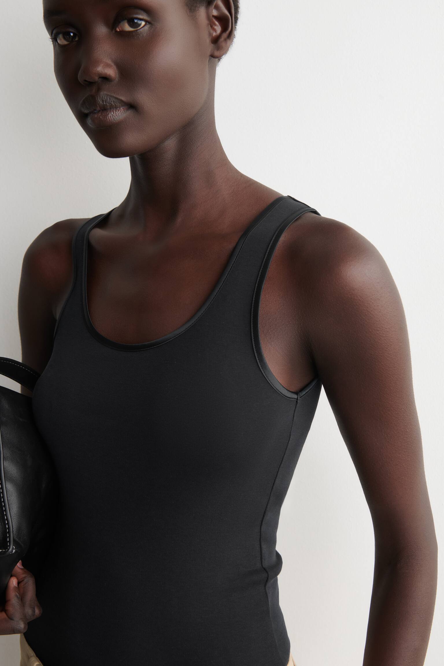 SATIN-TRIMMED COTTON-JERSEY TANK TOP - BLACK/PINK - 5