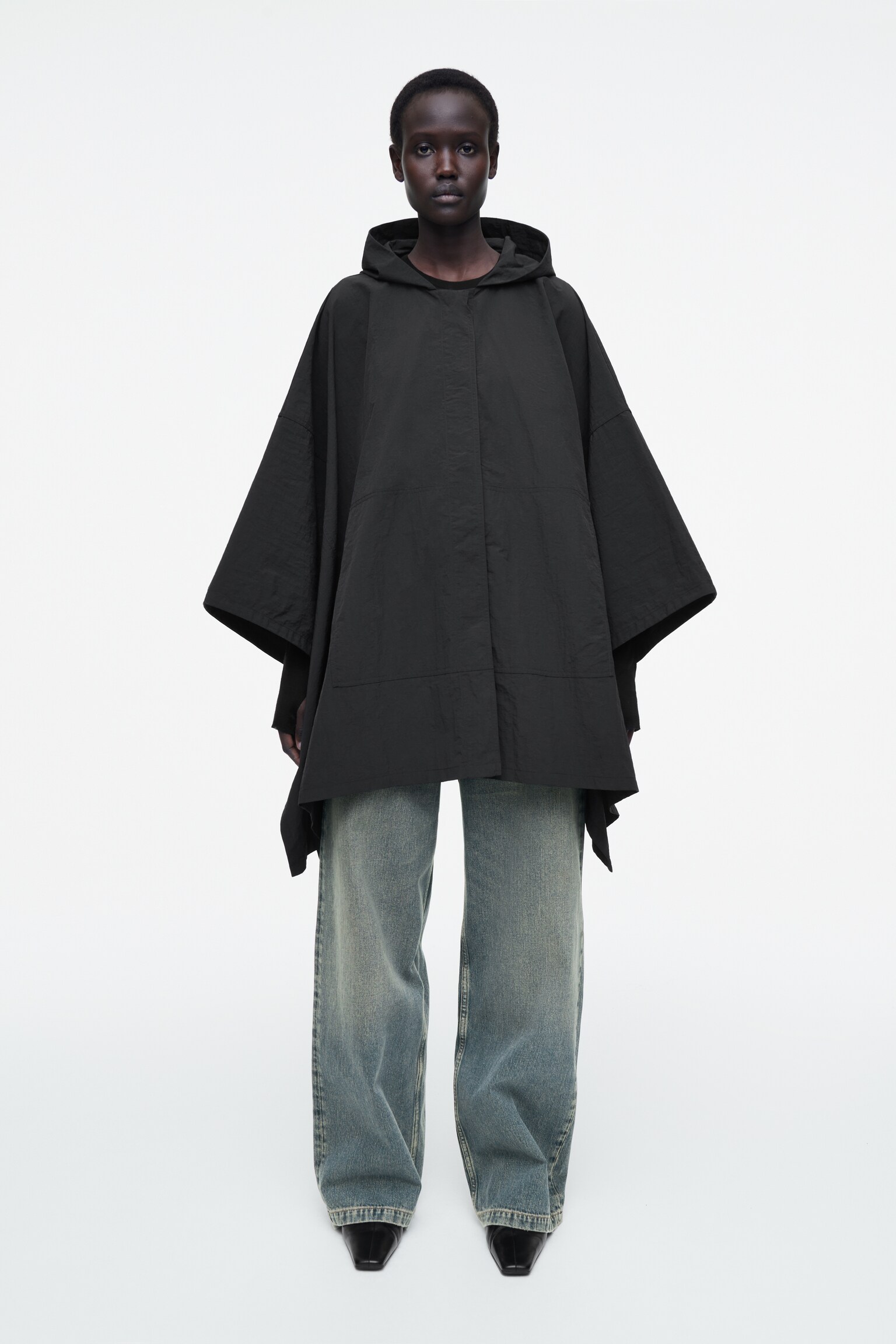 HOODED TRENCH COAT CAPE - BLACK