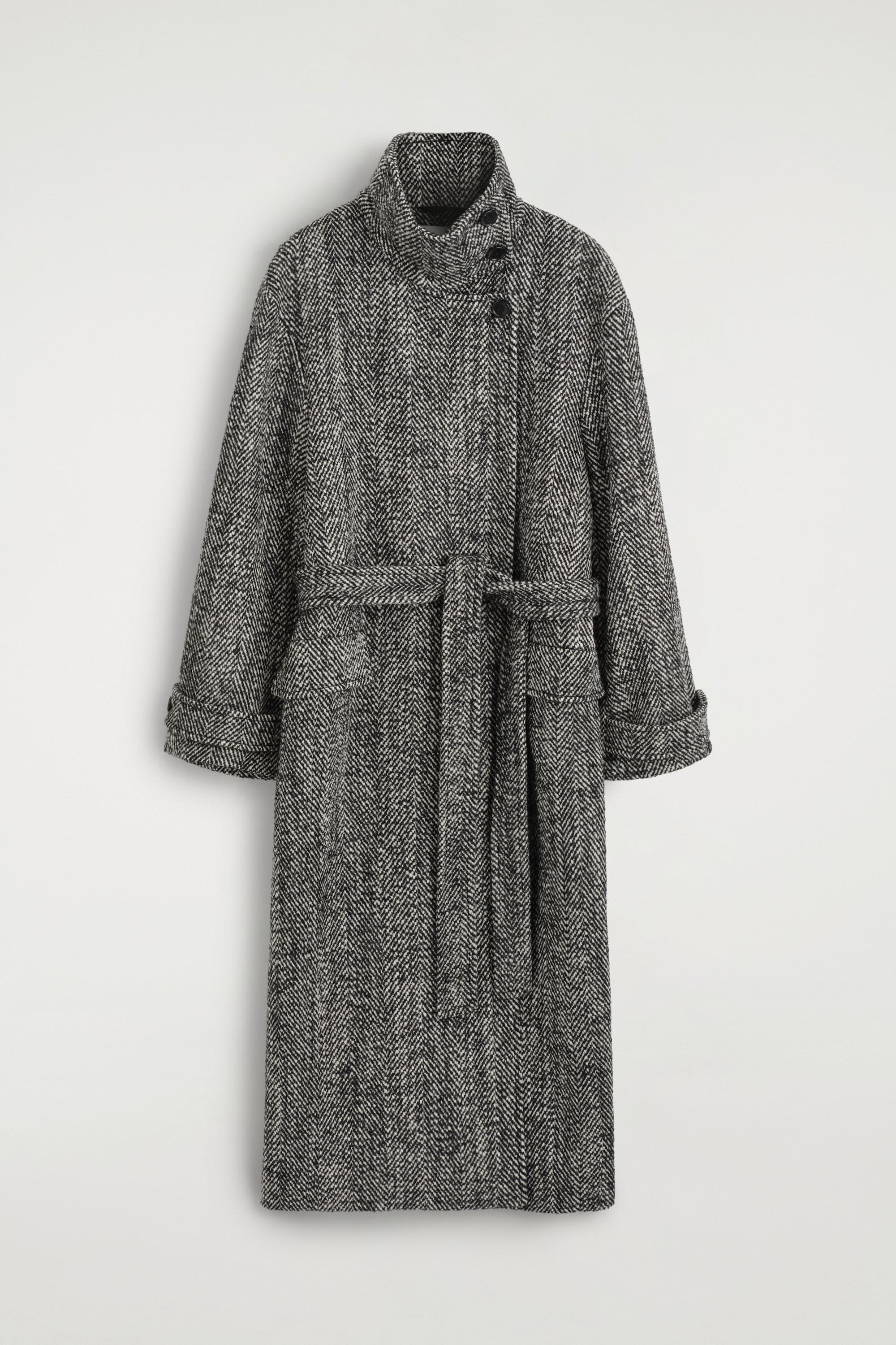 BELTED HERRINGBONE WOOL FUNNEL-NECK COAT