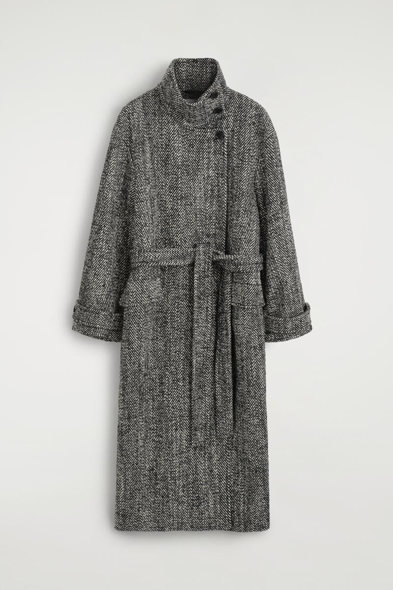 Belted Herringbone Wool Funnel-Neck Coat