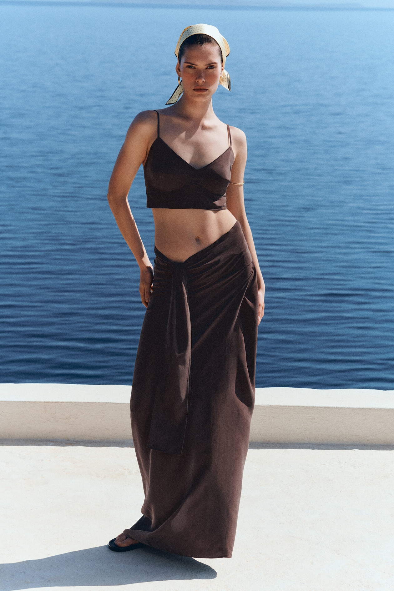 DRAPED TIE-WAIST SILK MAXI SKIRT — BROWN