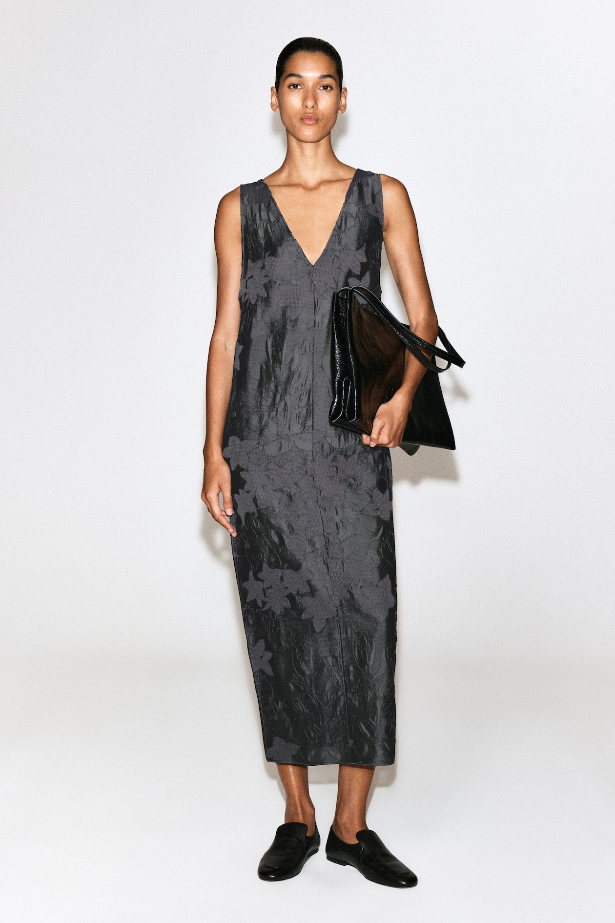 EMBROIDERED SHEER V-NECK DRESS — HEATHER