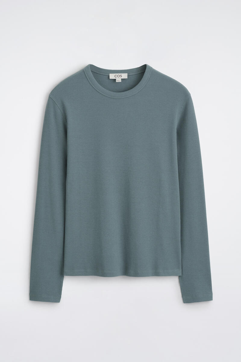 Slim Ribbed Cotton Long-Sleeved T-Shirt in Turquoise