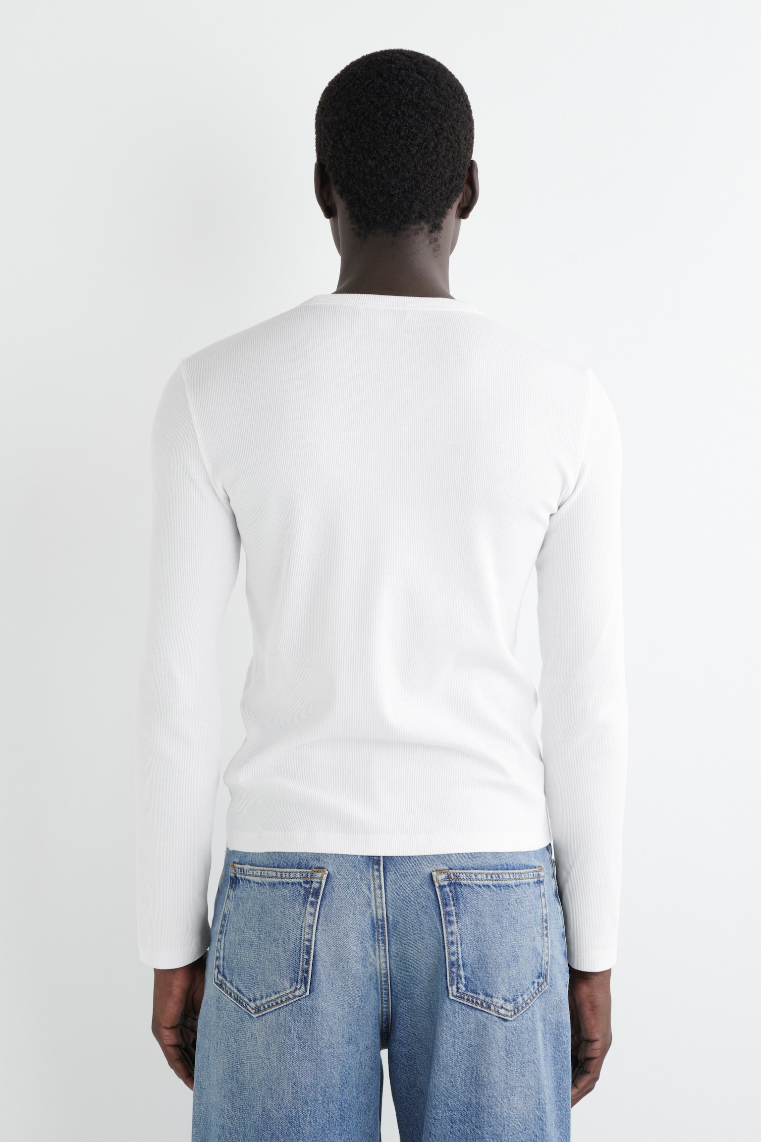 SLIM RIBBED COTTON LONG-SLEEVED T-SHIRT - WHITE/BLACK - 3