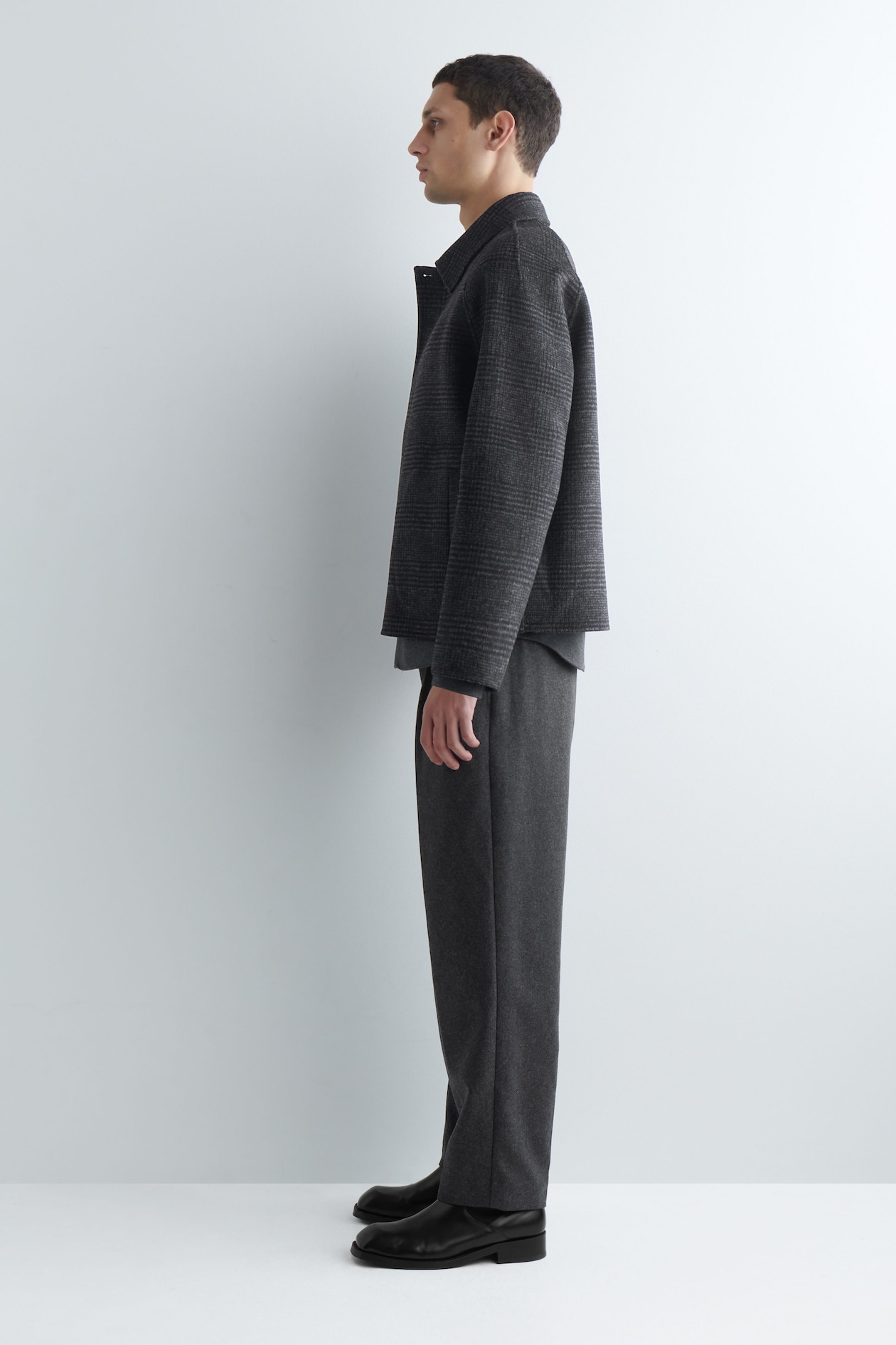 REVERSIBLE CHECKED / HERRINGBONE WOOL SPORTS JACKET — GRAY / CHECKED