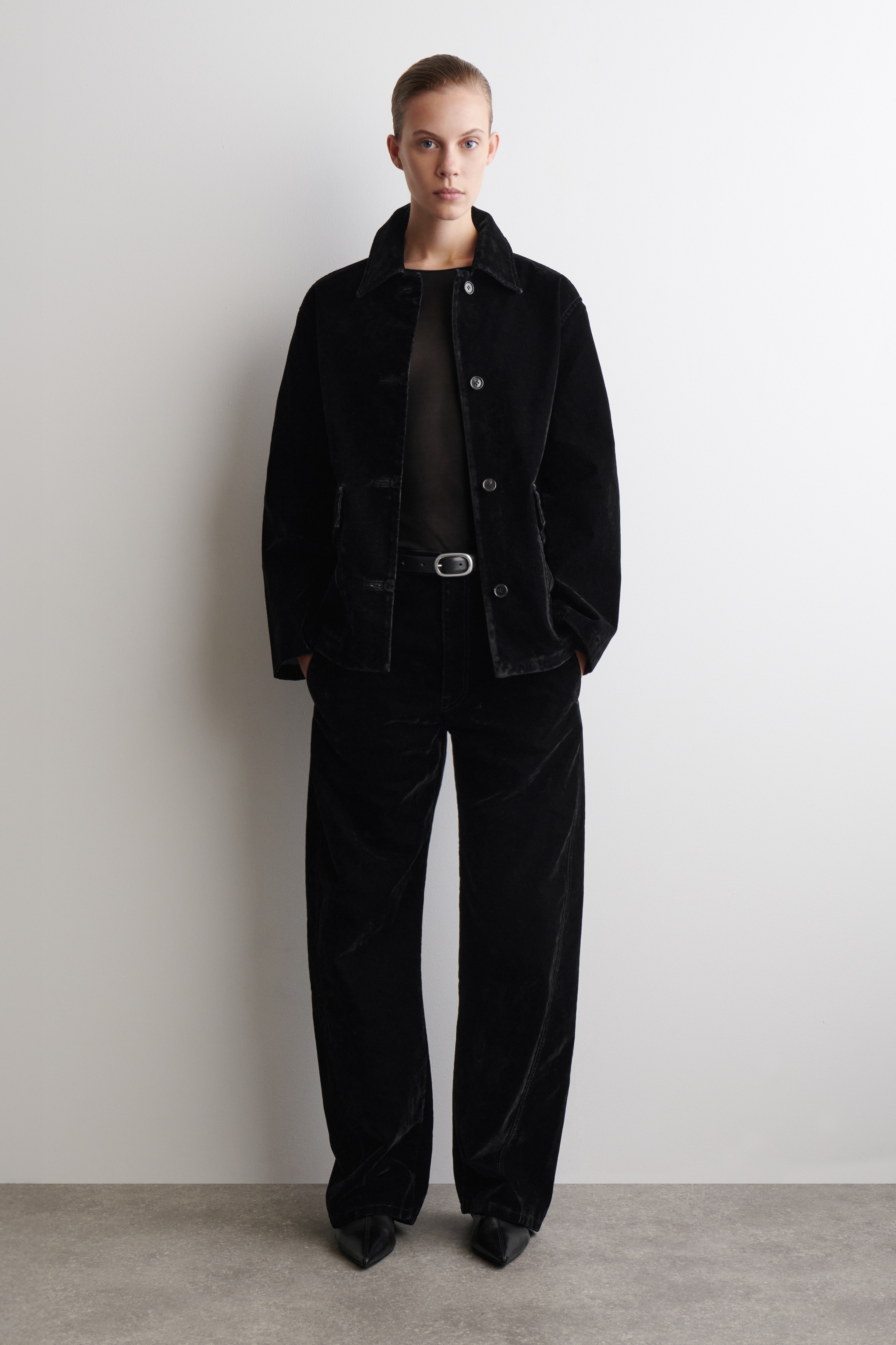 Flockované denimové kalhoty s širokými nohavicemi - BLACK