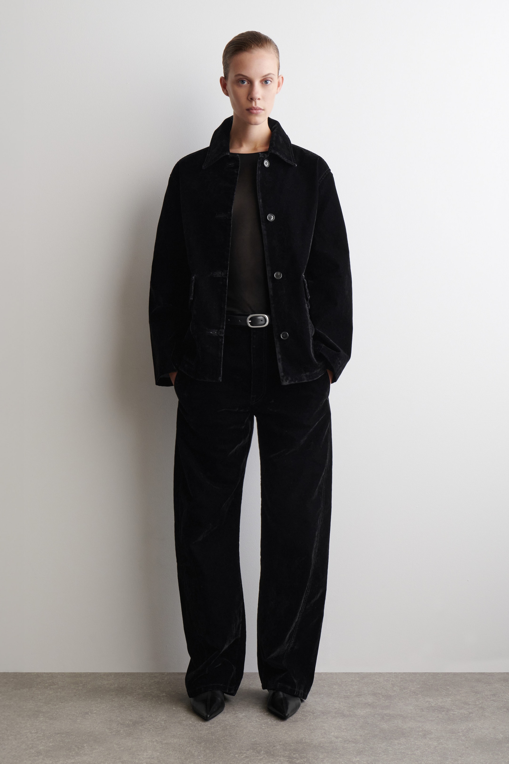 FLOCKED-DENIM BARREL-LEG TROUSERS